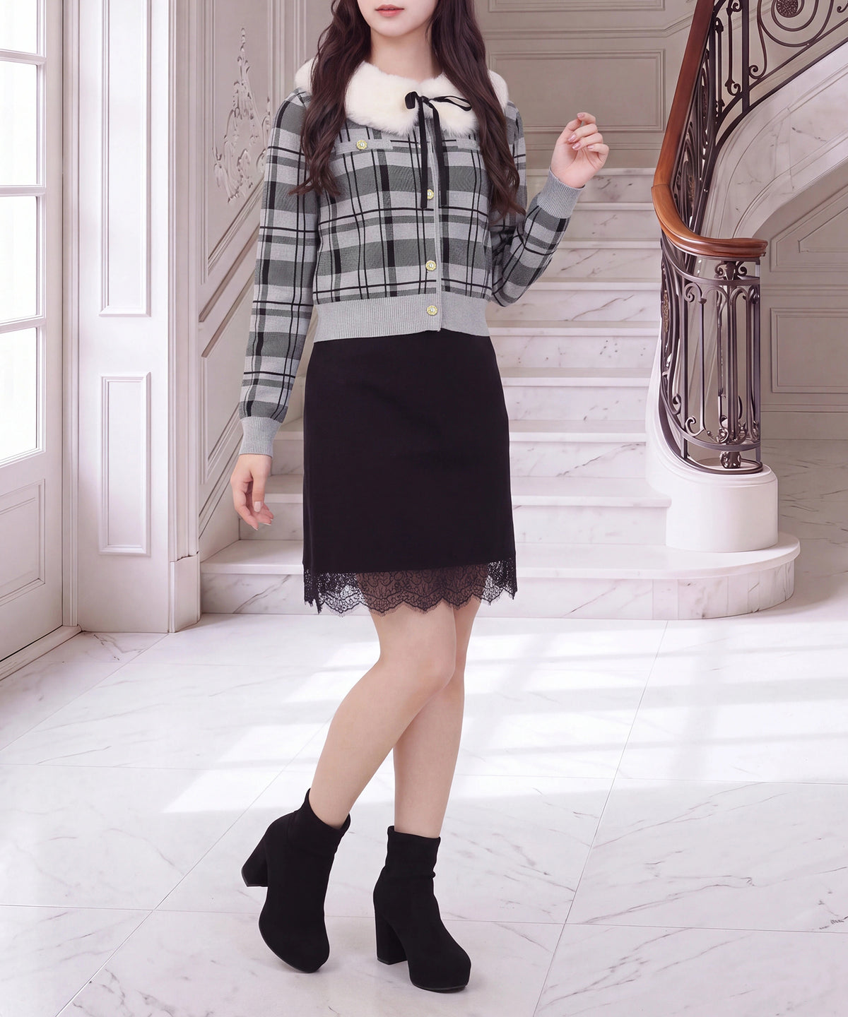 【NEW】(先行入荷)ファーティペット付きチェックジャガードカーディガン