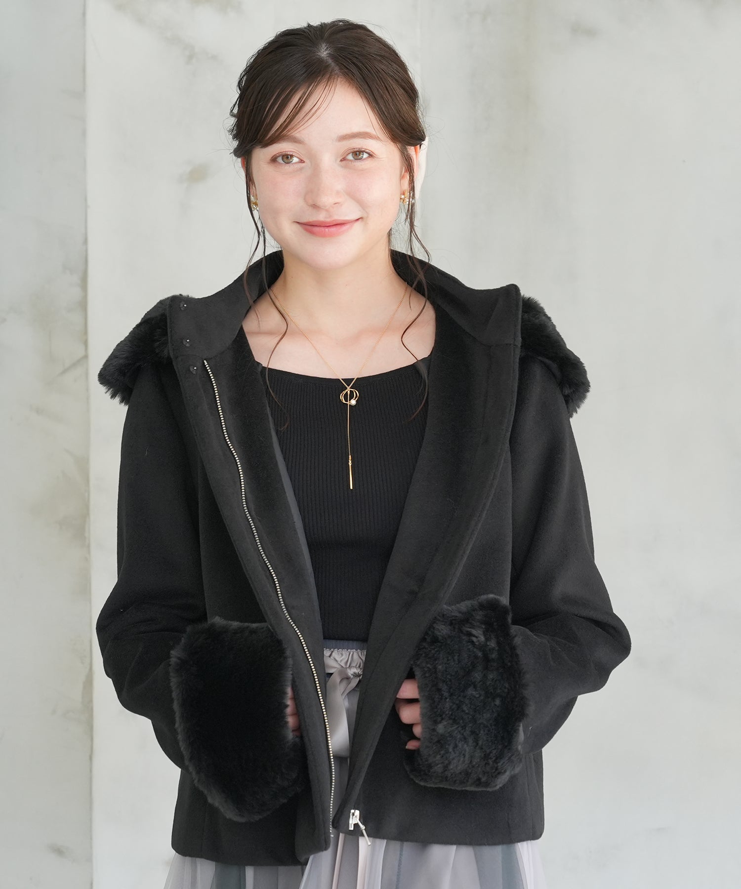 【TIME SALE】ファー付きフードショートコート