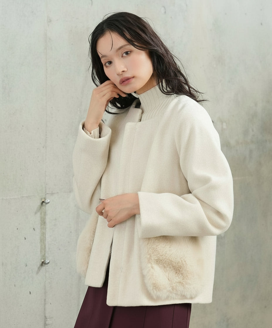 Xmas Fair】2wayポケットファーノーカラーショートコート