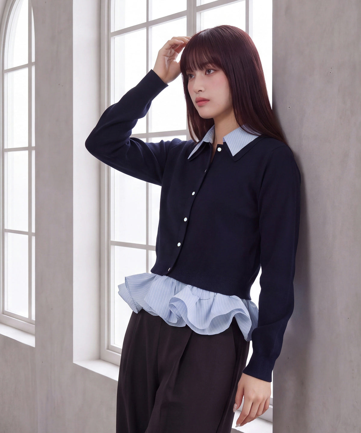 サックス(ストライプ) model:160cm 着用サイズ: M (AI画像)
