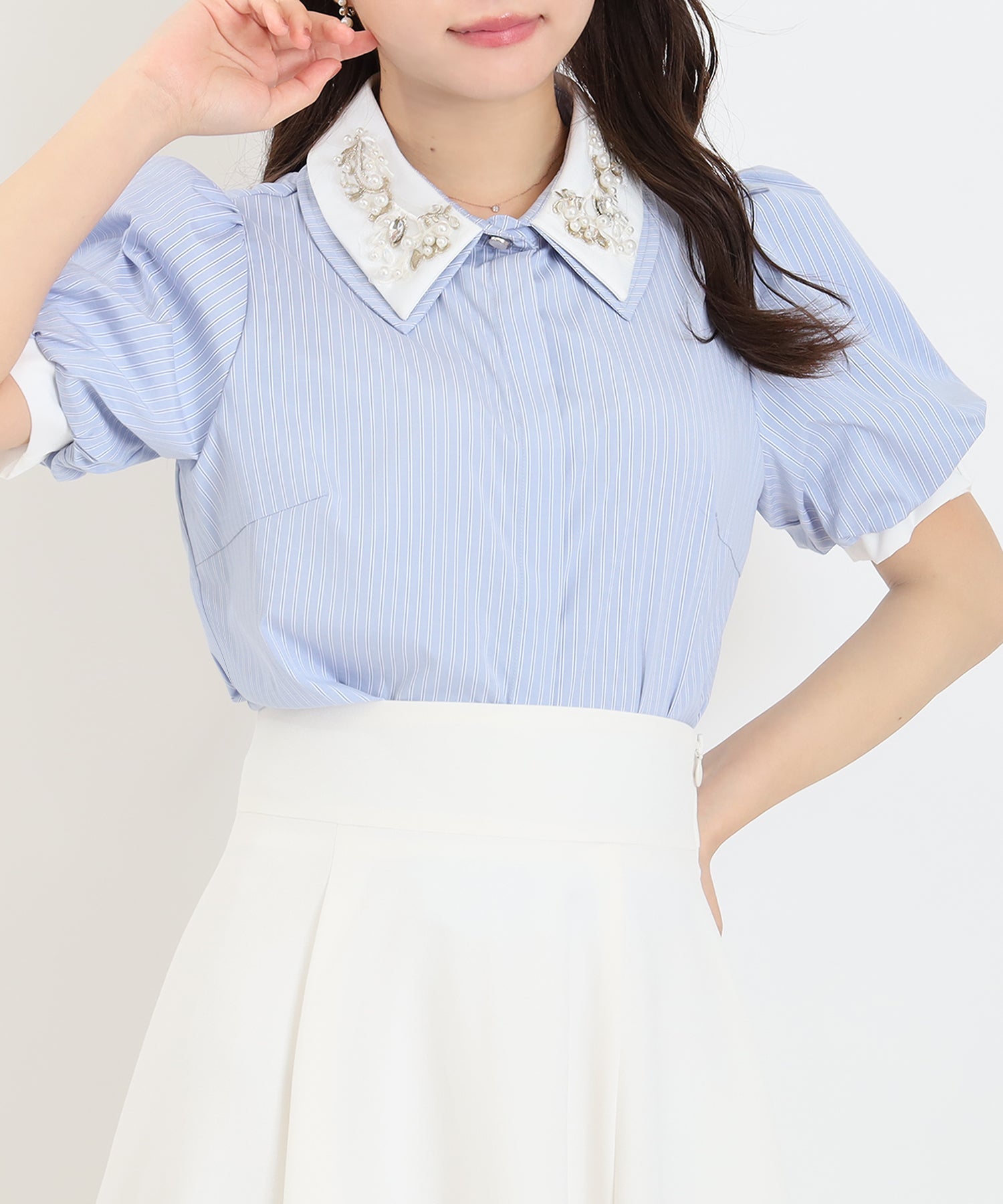 【♡♡さま専用】seventenダブルボタンストライプブラウス NEW】ダブルカラー装飾ブラウス(ストライプ・無地)