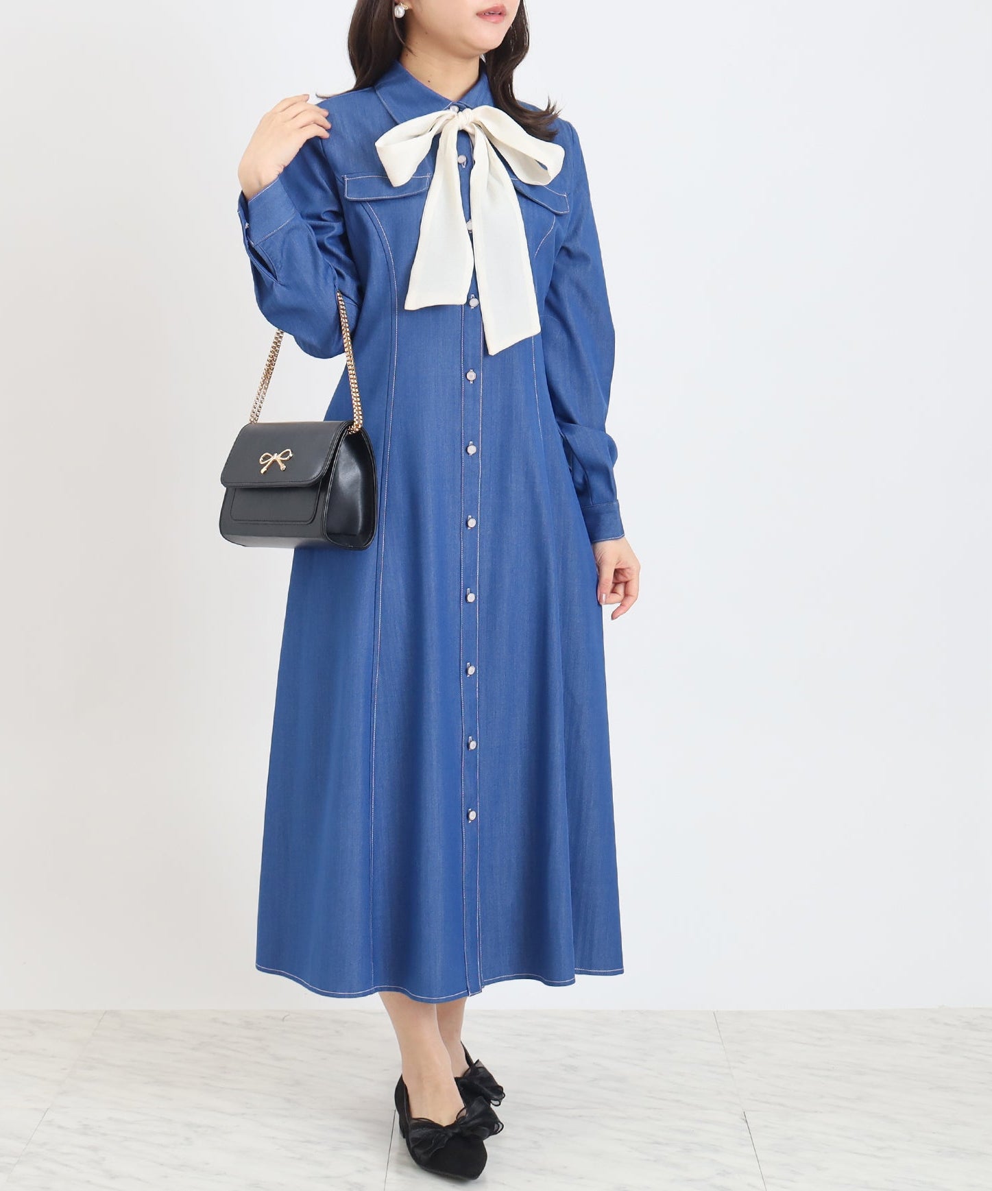 配色リボンデニム風ワンピース