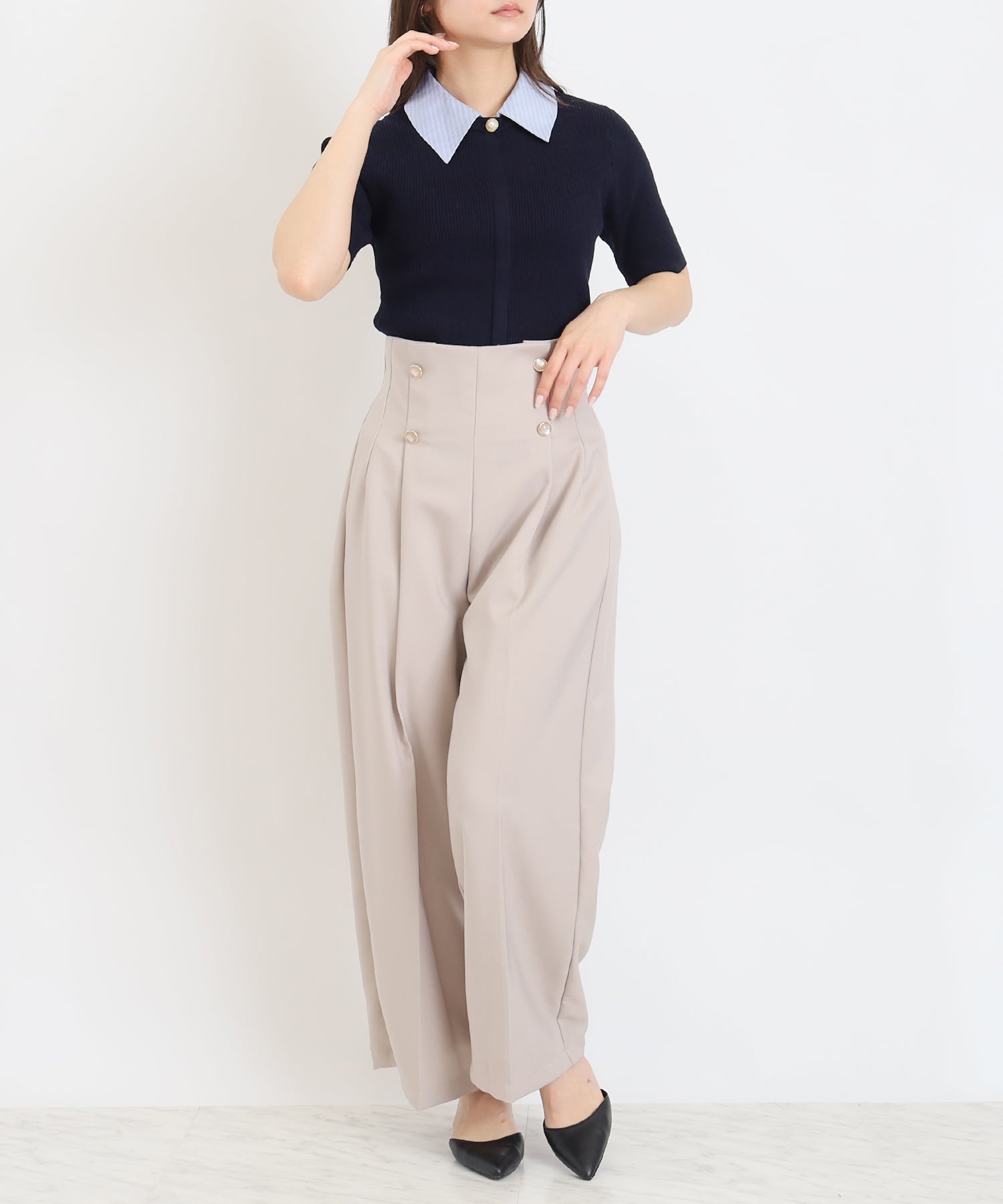 ネイビー×サックス(襟ストライプ) model:160 着用サイズ:M ボウタイなし