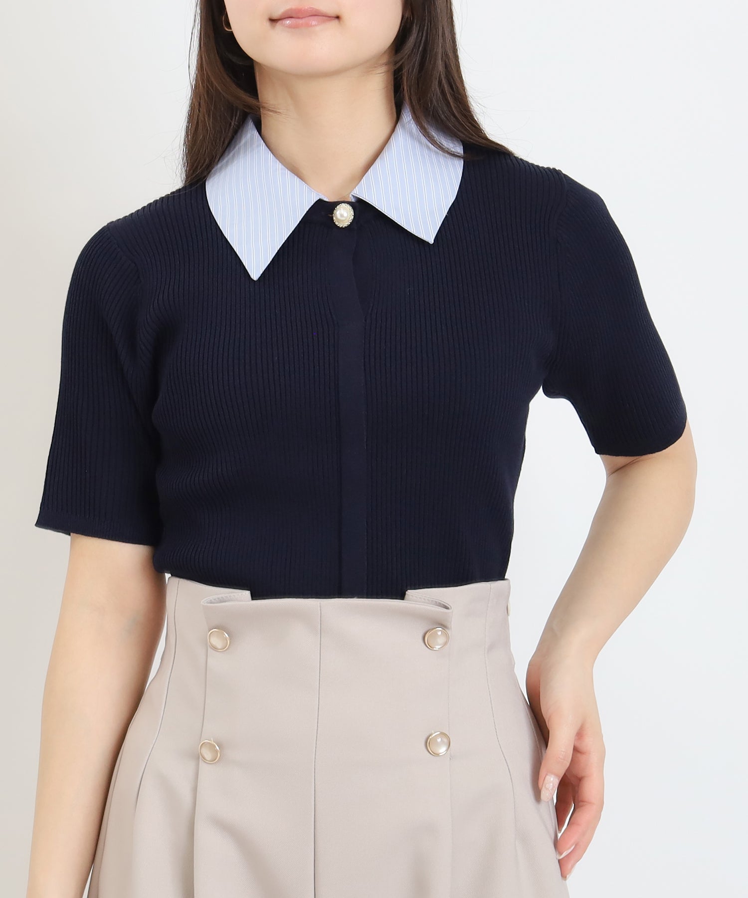 ネイビー×サックス(襟ストライプ) model:160 着用サイズ:M ボウタイなし