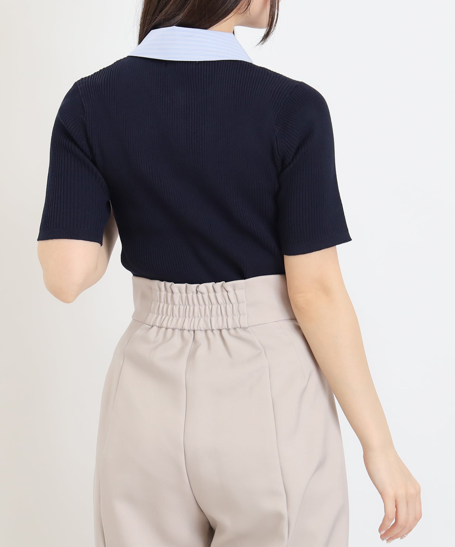 ネイビー×サックス(襟ストライプ) model:160 着用サイズ:M