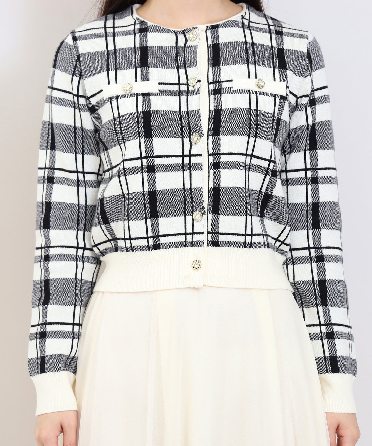 【NEW】(先行入荷)ファーティペット付きチェックジャガードカーディガン