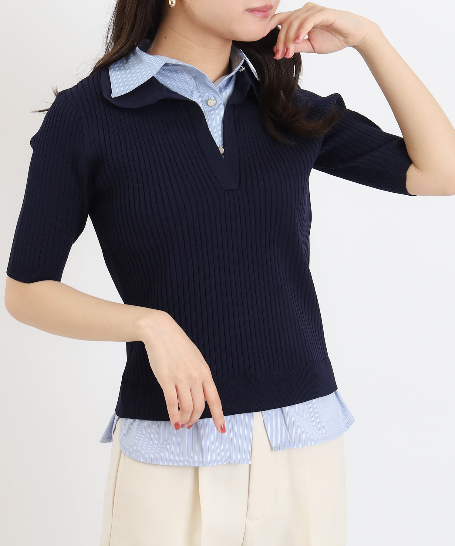 ネイビー(襟,裾,ストライプ柄)