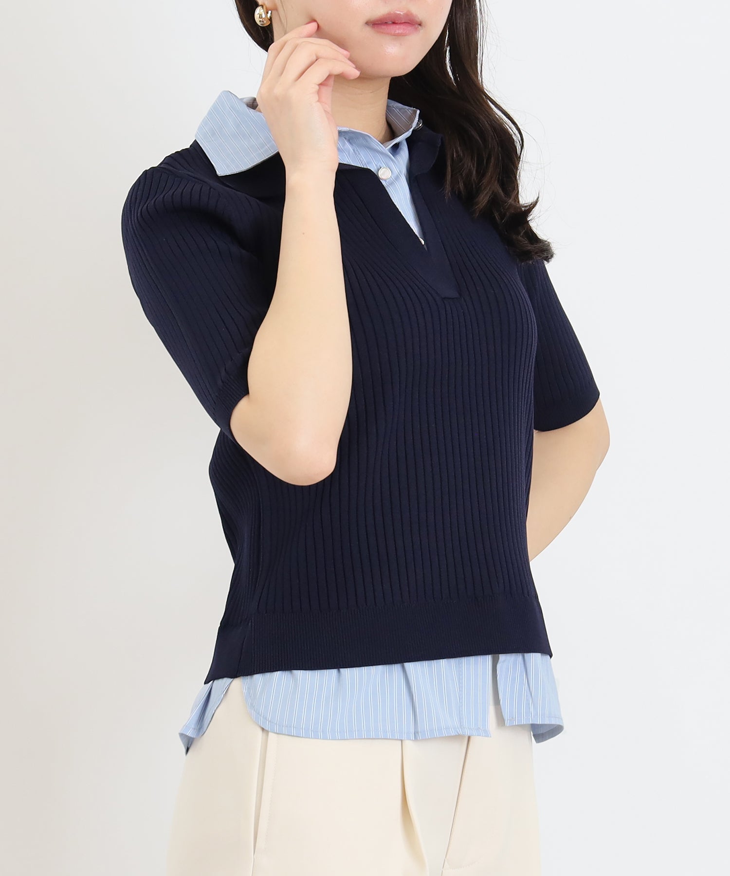 ネイビー(襟,裾,ストライプ柄) model:156cm 着用サイズ:M