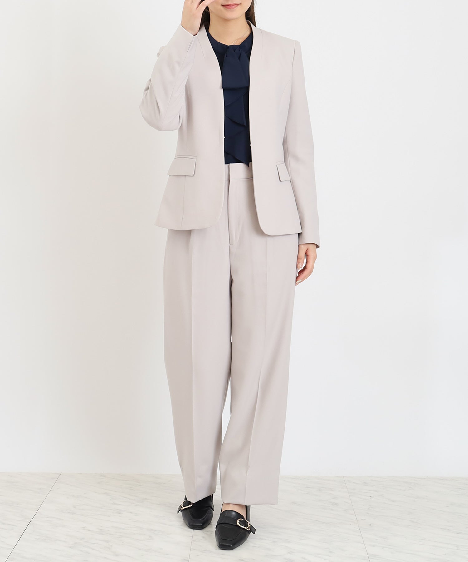 ベージュ model:160 着用サイズ:M
(ウール調ノーカラージャケット着用)