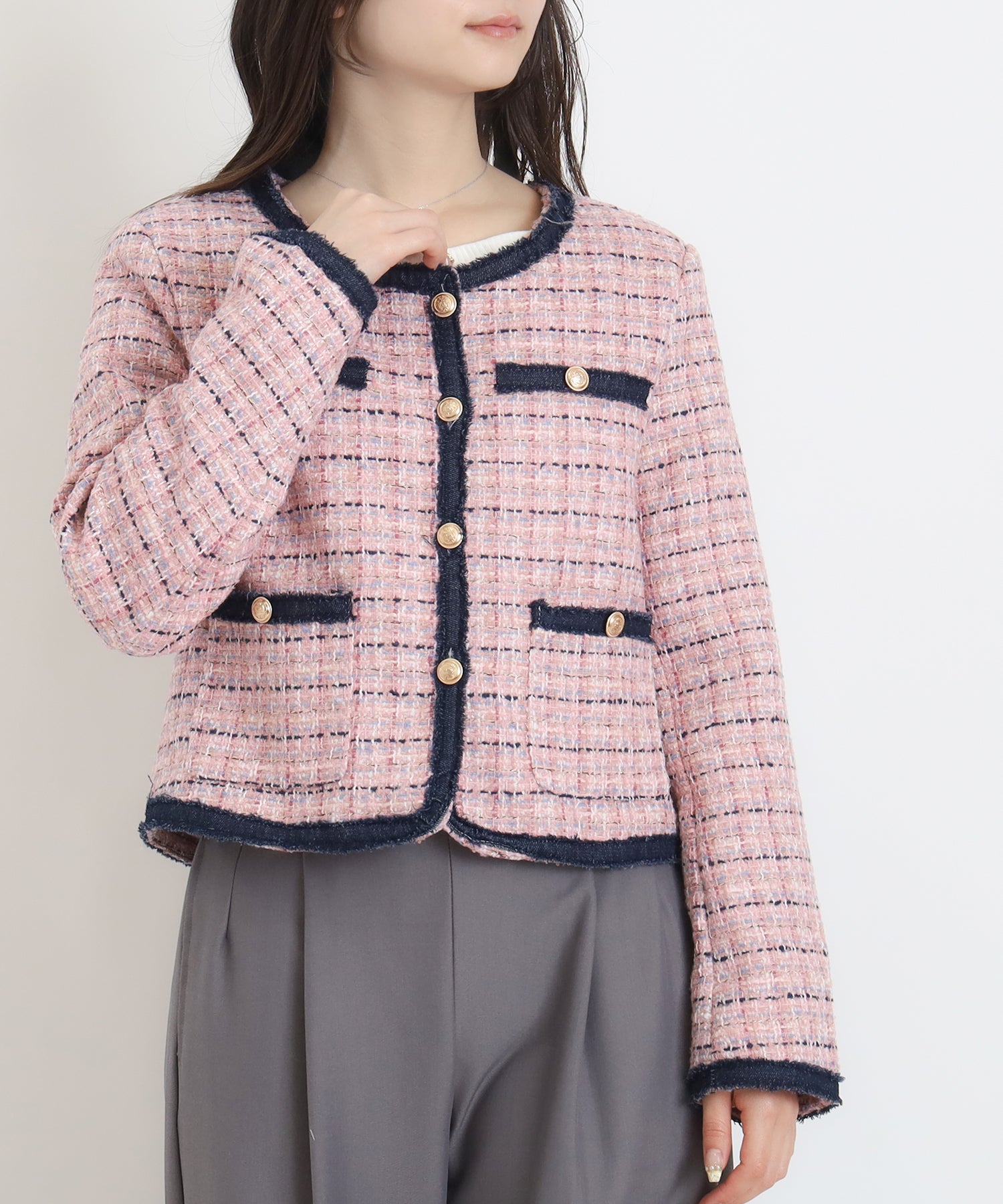 デニムトリムツイードジャケット