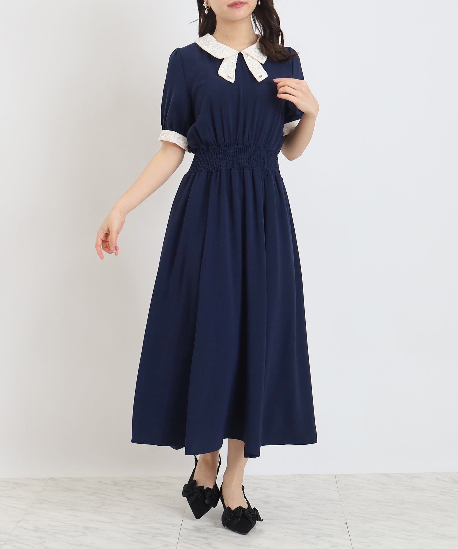 オンラインショップ先行入荷)レースリボン風襟ワンピース