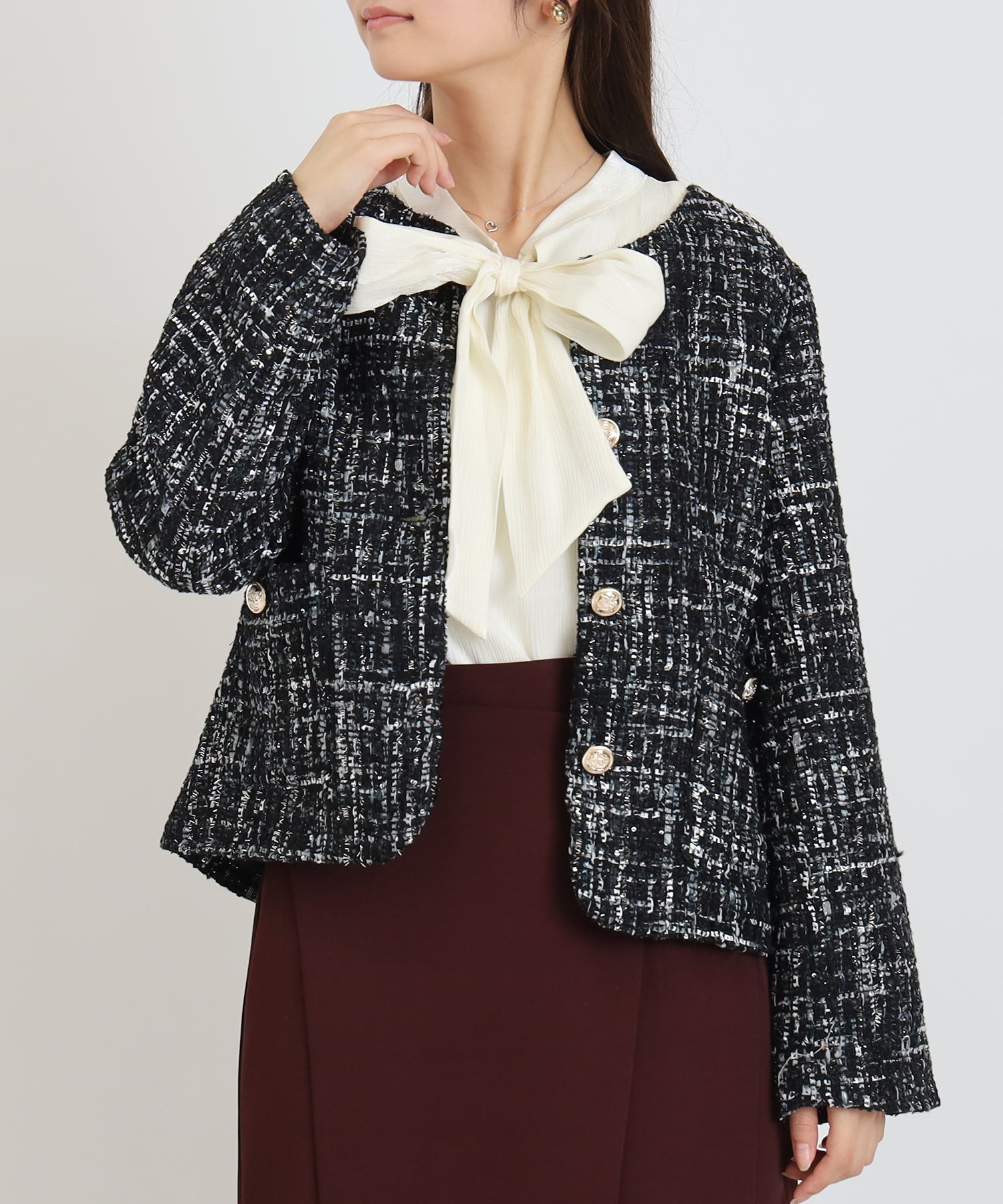 ルネ ノーカラー 2023年 ツイード ジャケット チェック tissue 38 ルネ ノーカラー 2023年 ツイード ジャケット チェック tissue