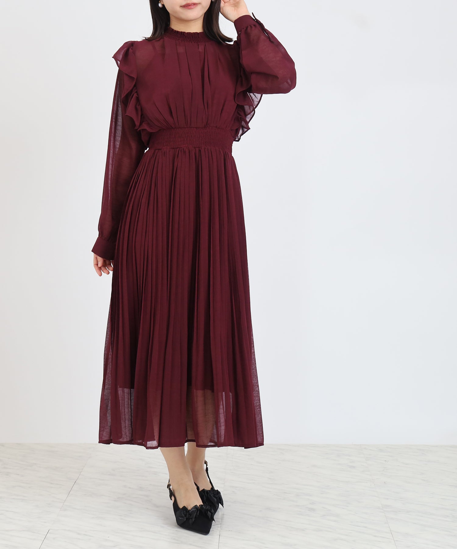 シアーライクフリルプリーツワンピース PLEATS PLEASE 2020SS ワインレッド マンスリー ワンピース