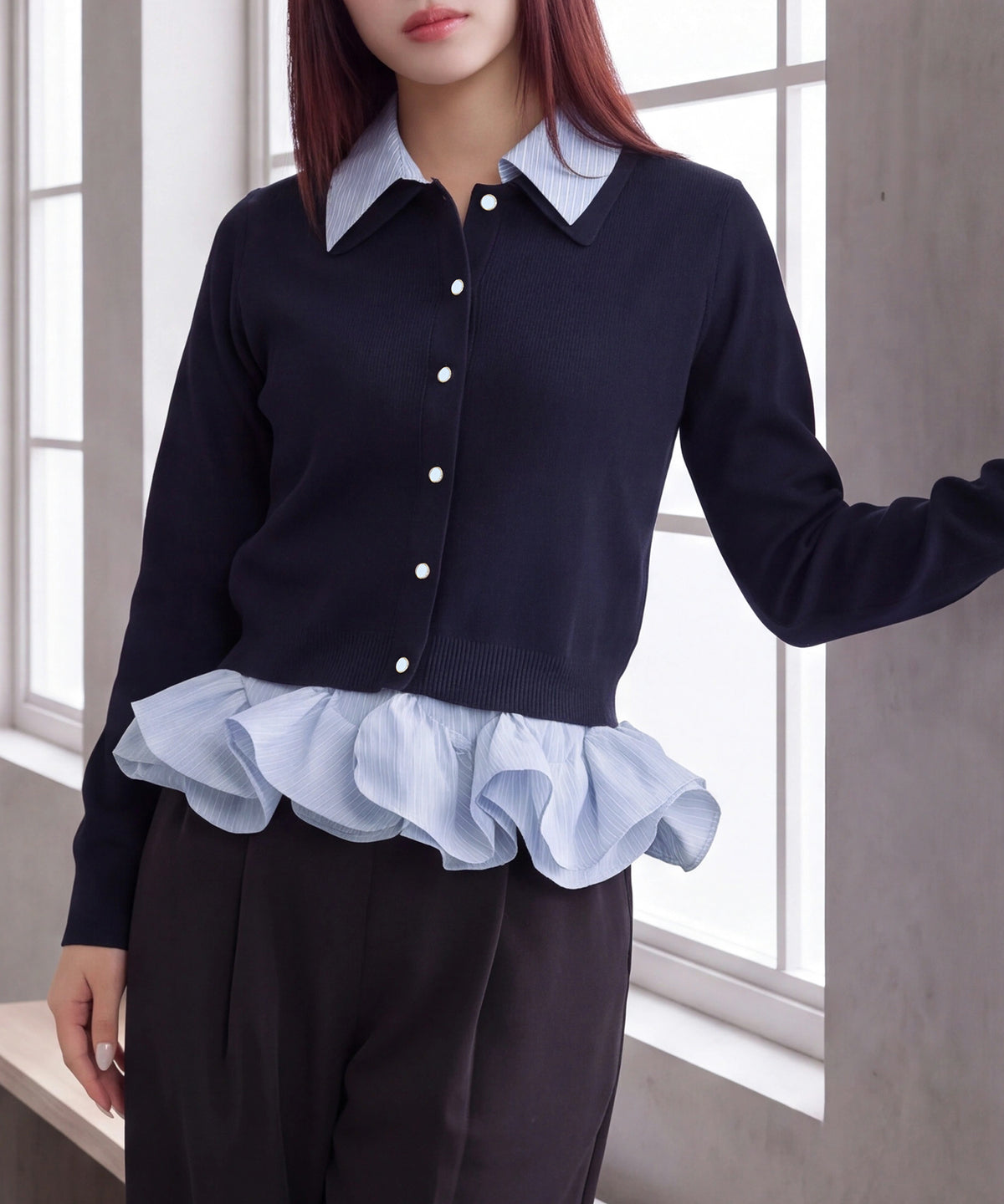 サックス(ストライプ) model:160cm 着用サイズ: M (AI画像)