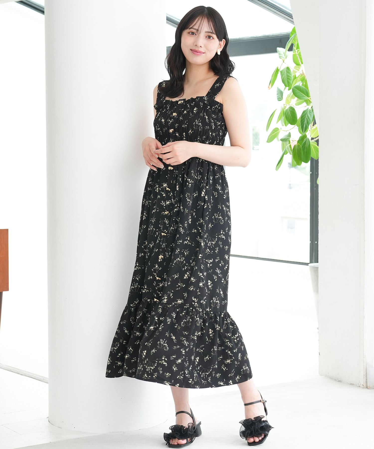 Aライン ティアードワンピース 花柄 リボン アメリカンスリーブ ERUKEI/S33244/フラワープリント/ノースリーブ/Aライン/花柄