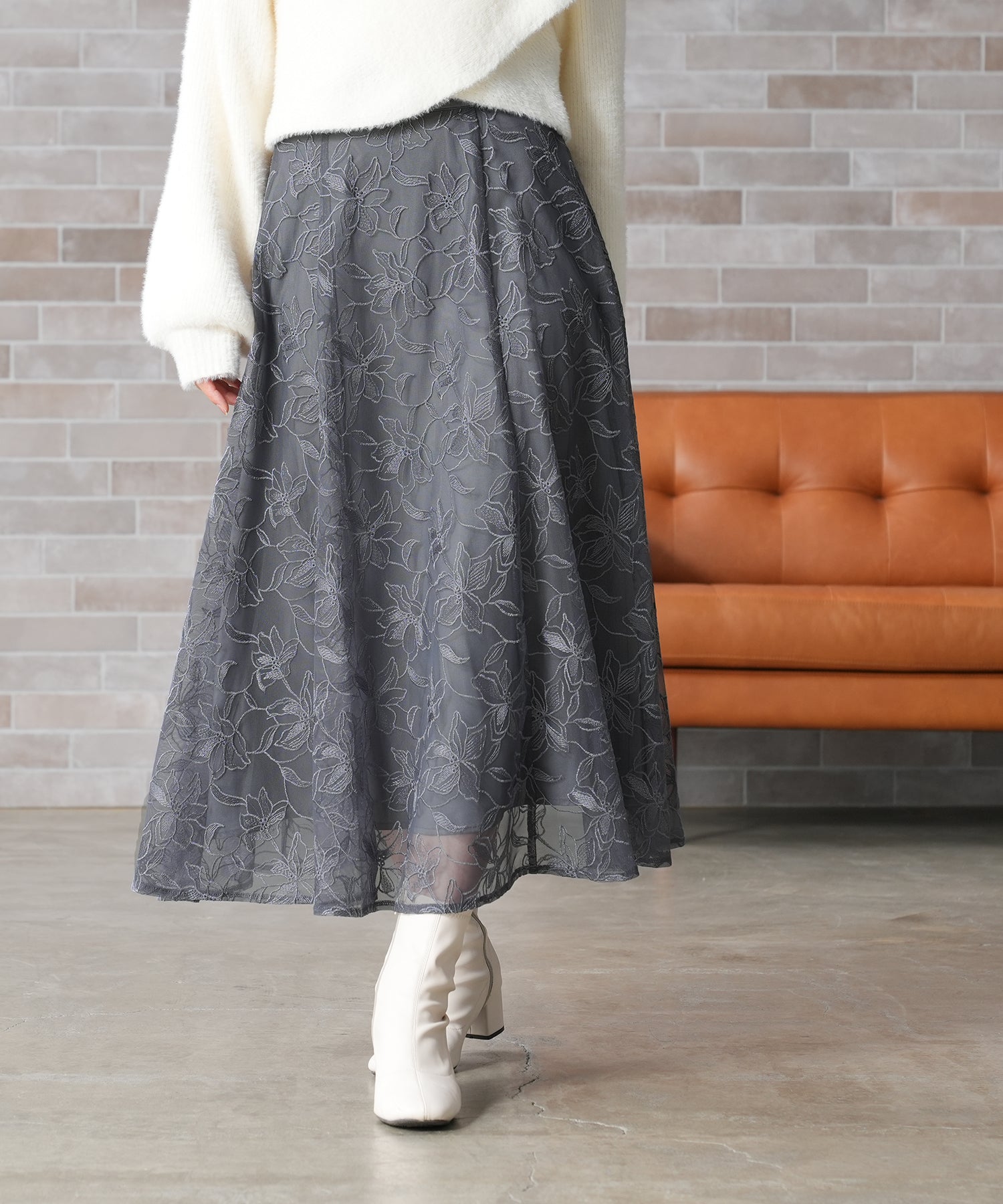 フラワー刺繍レースフレアスカート