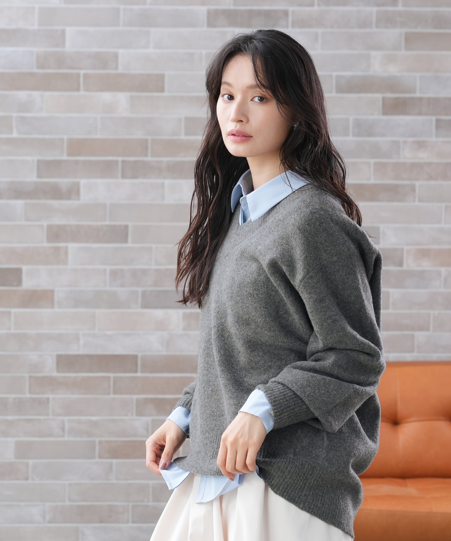 14th adiction ダークグレー Vネック長袖ニット アメリカンホリック ダークグレー Vネック オーバーサイズ長袖ニット