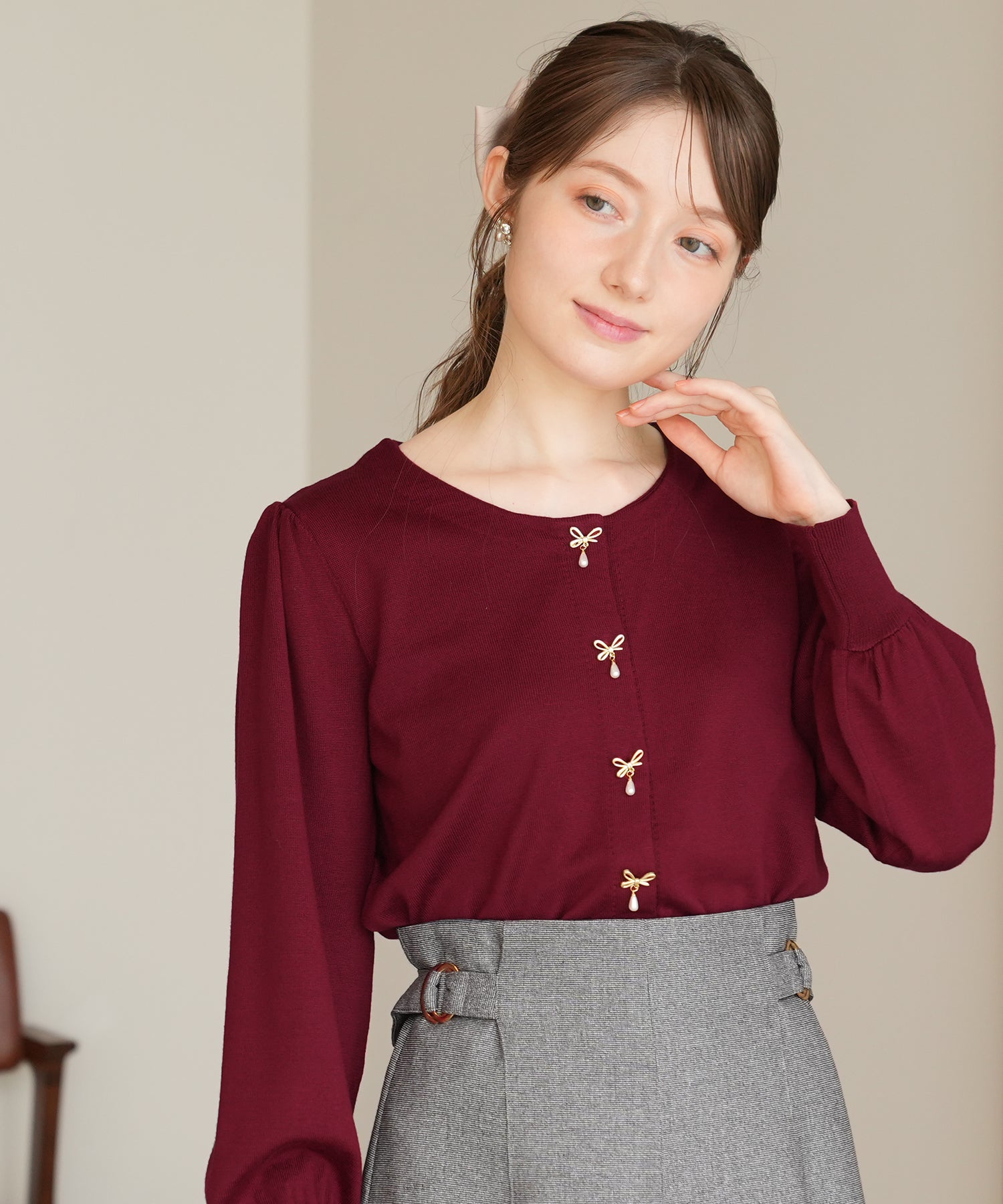 リボンパールボタンカーディガン