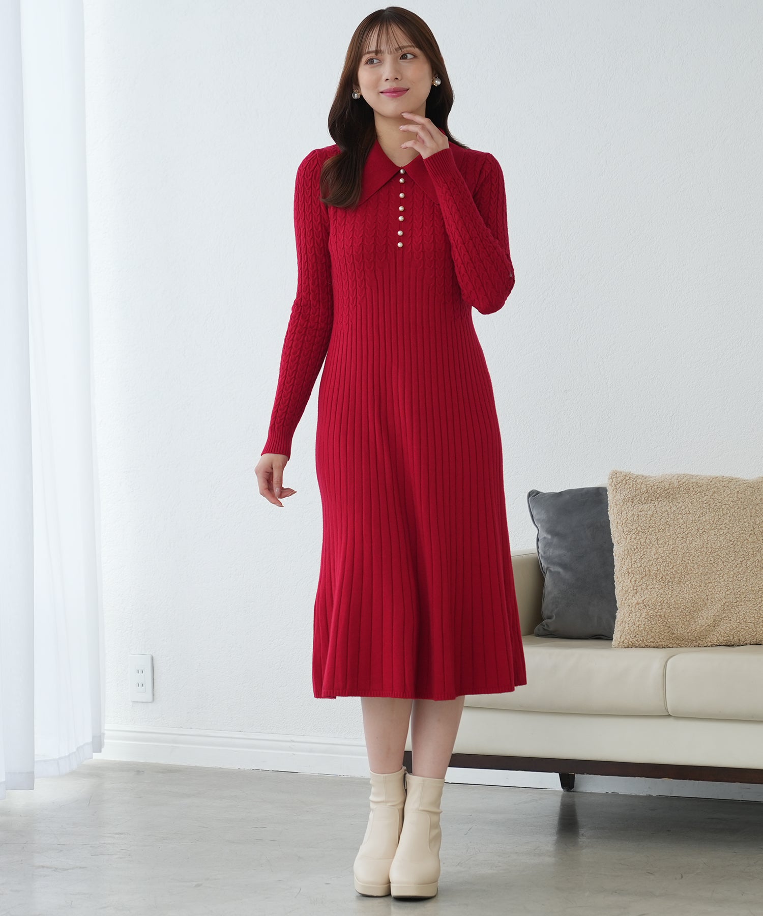 ビッグカラーフレアニットワンピース