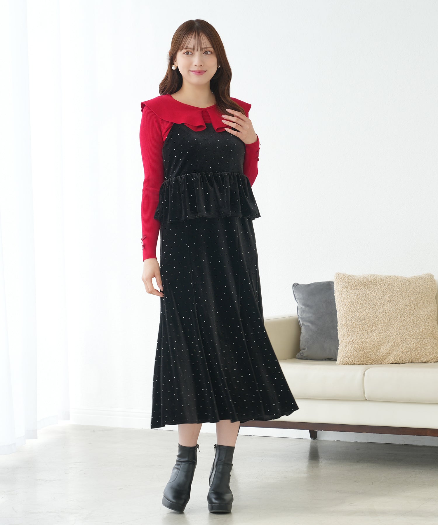 ラインストーンベロアキャミワンピース