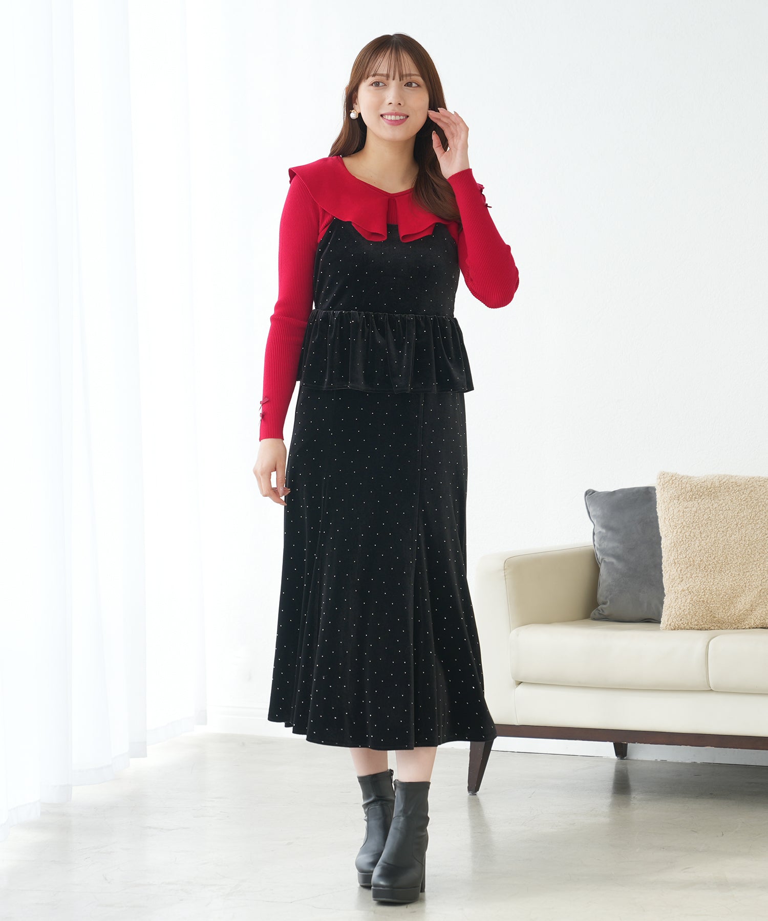 ラインストーンベロアキャミワンピース