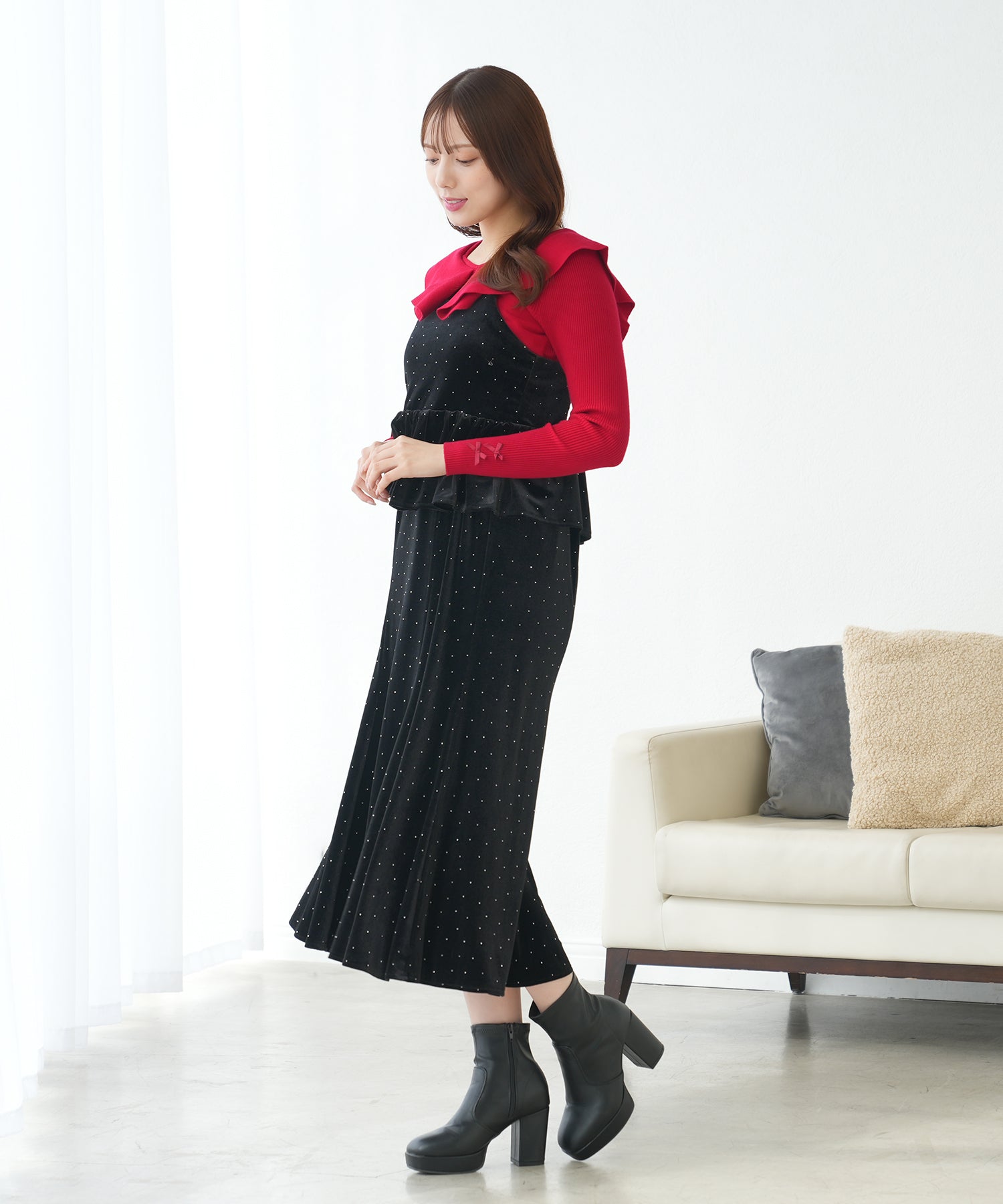 ラインストーンベロアキャミワンピース