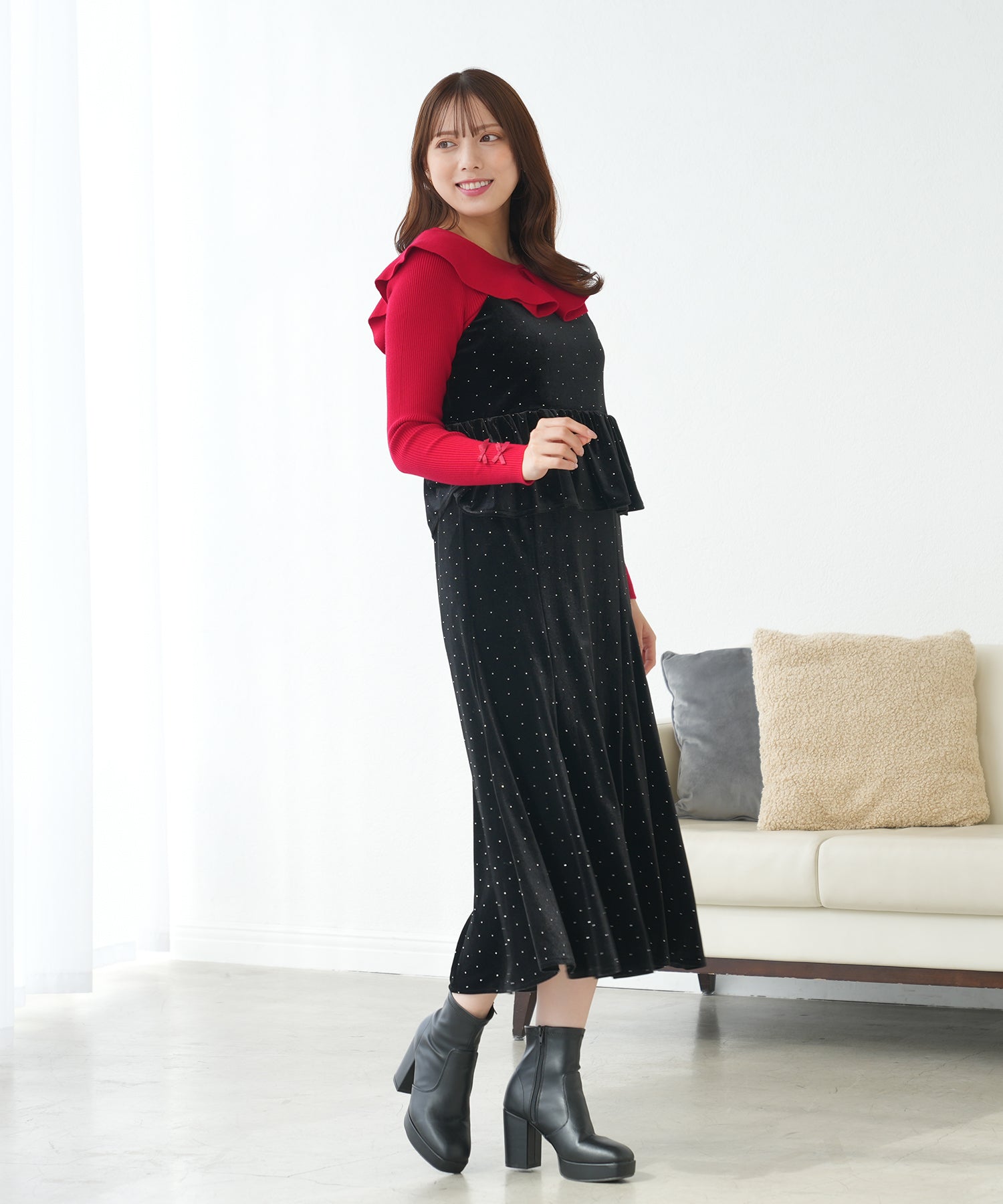 ラインストーンベロアキャミワンピース