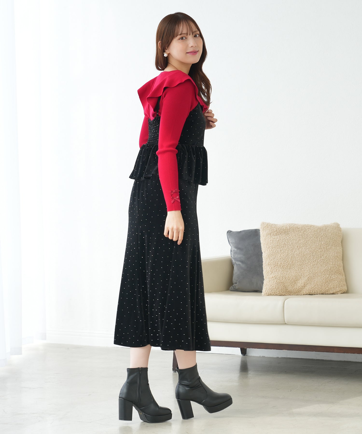 ラインストーンベロアキャミワンピース