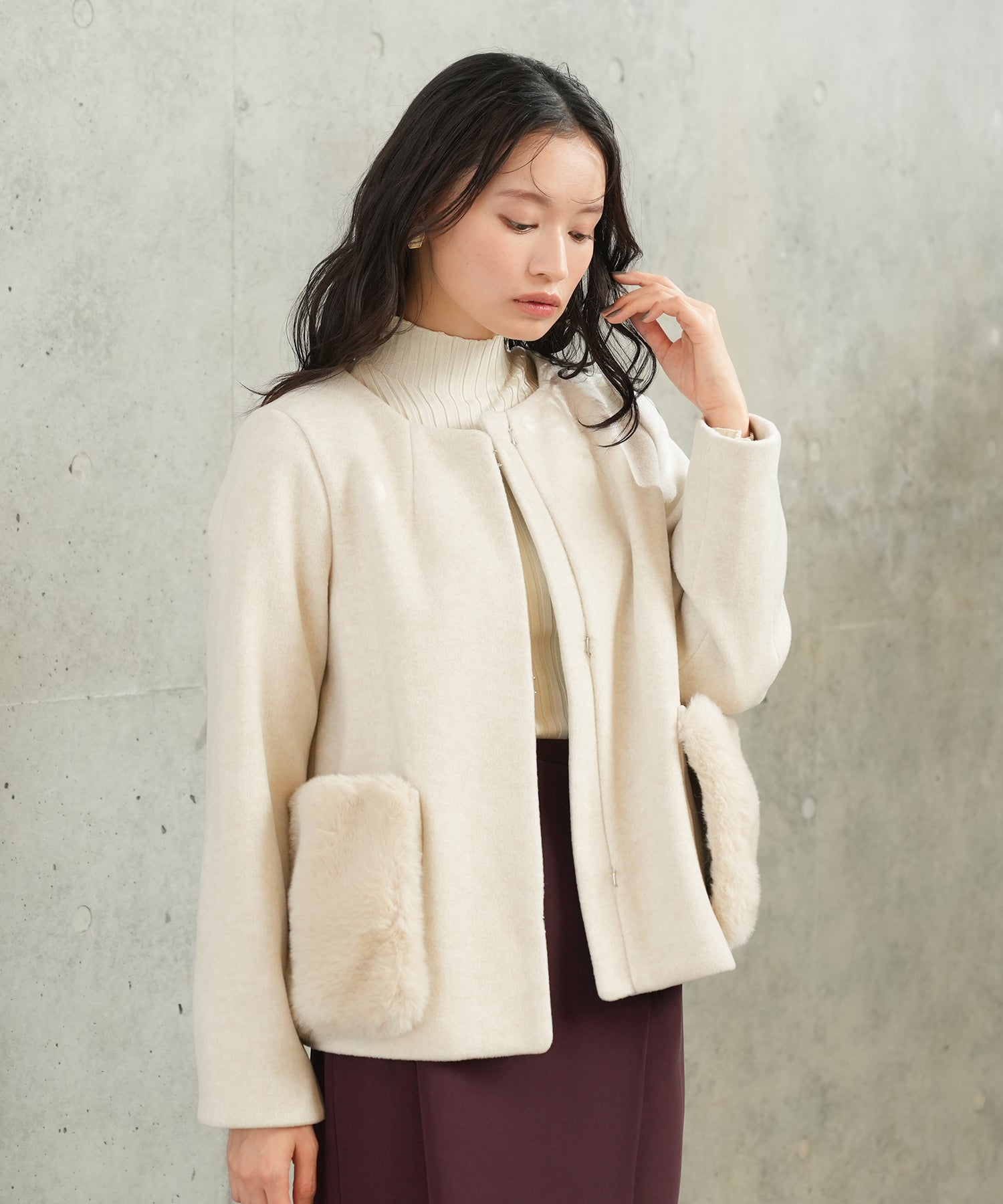 Xmas Fair】2wayポケットファーノーカラーショートコート