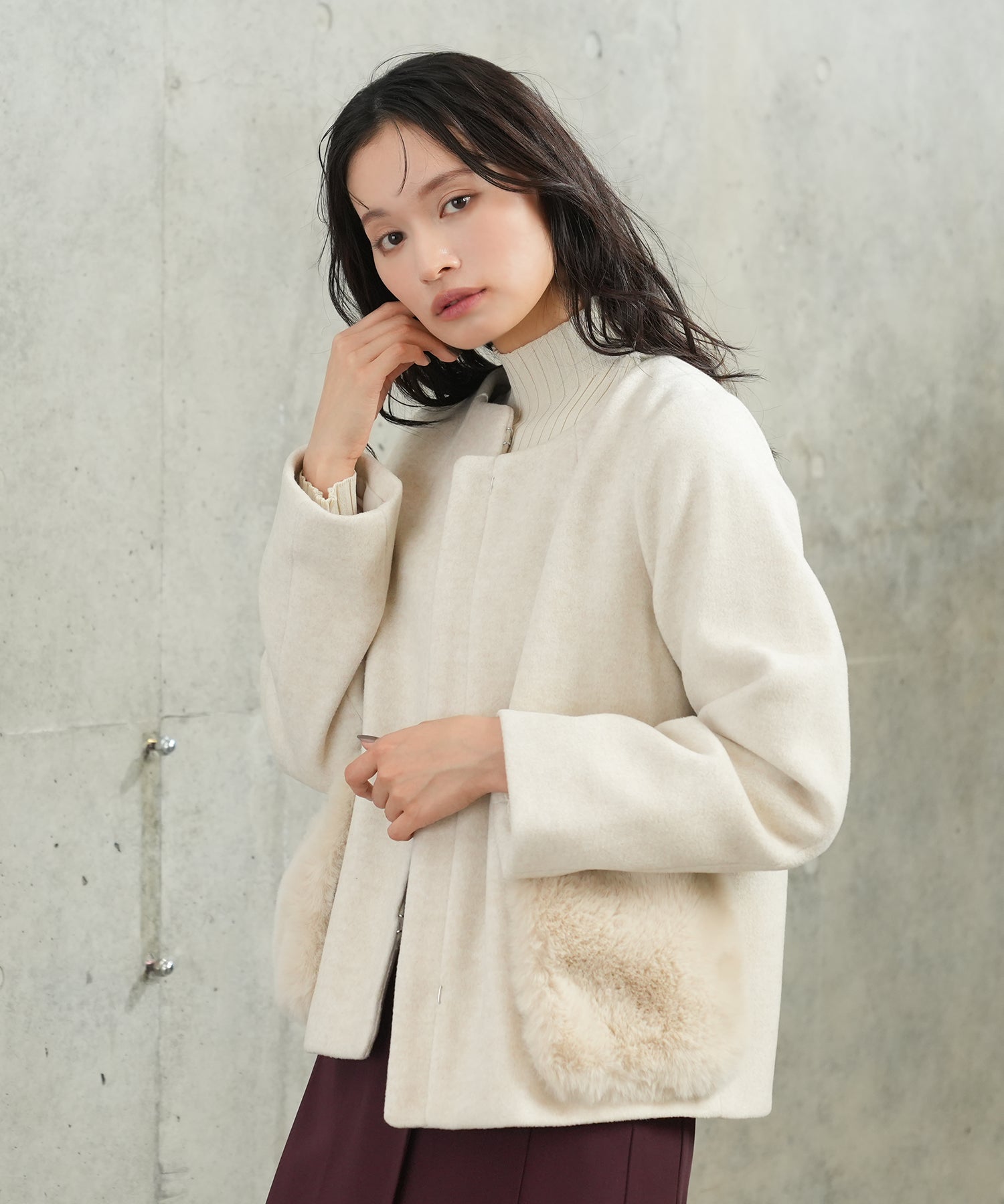 BALLSEY クリンプファー ノーカラーショートコート　オフホワイト BALLSEY クリンプファー ノーカラーショートコート