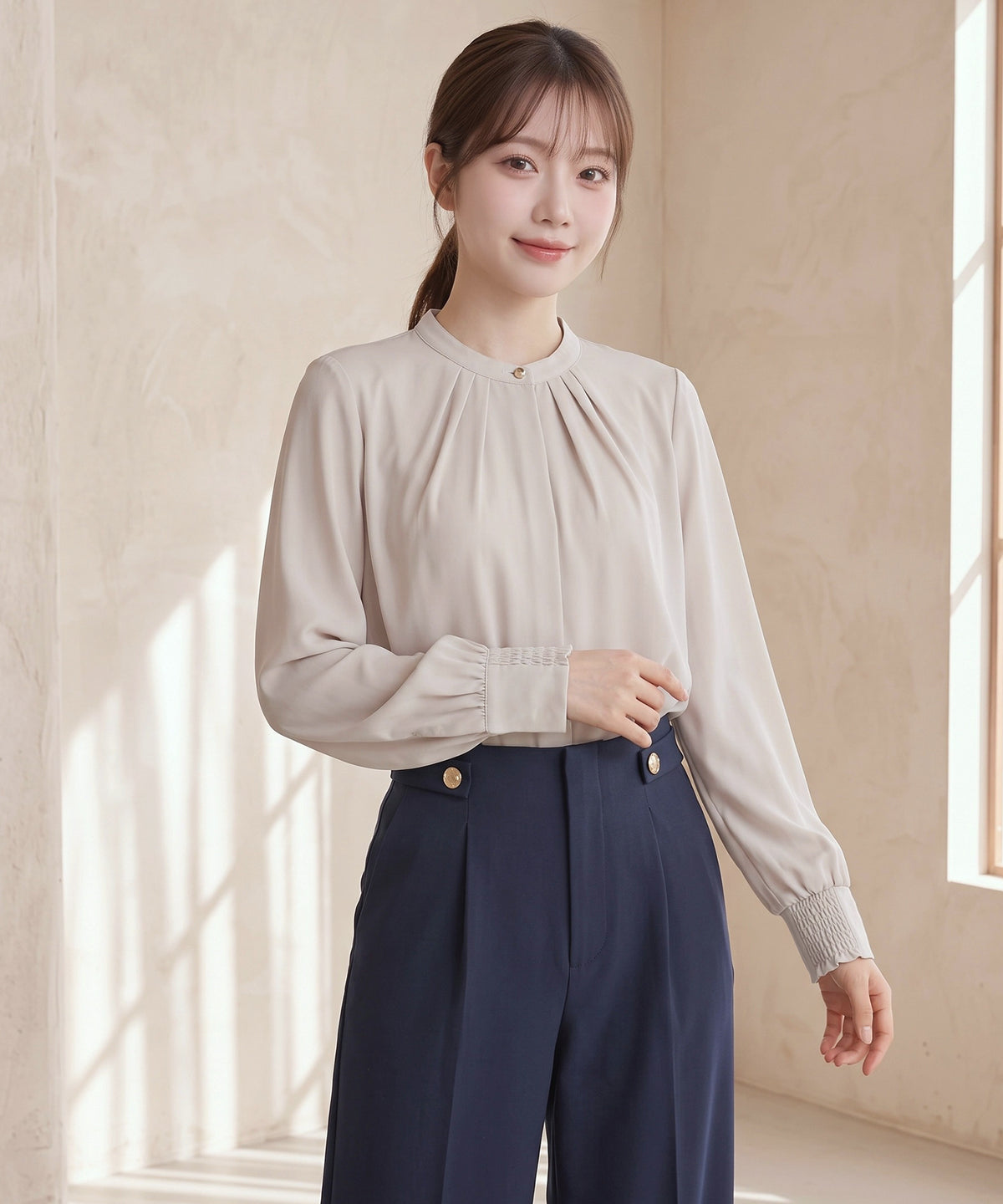 グレージュ(AI画像) リボンタイ無し　model：160cm　着用サイズ：M