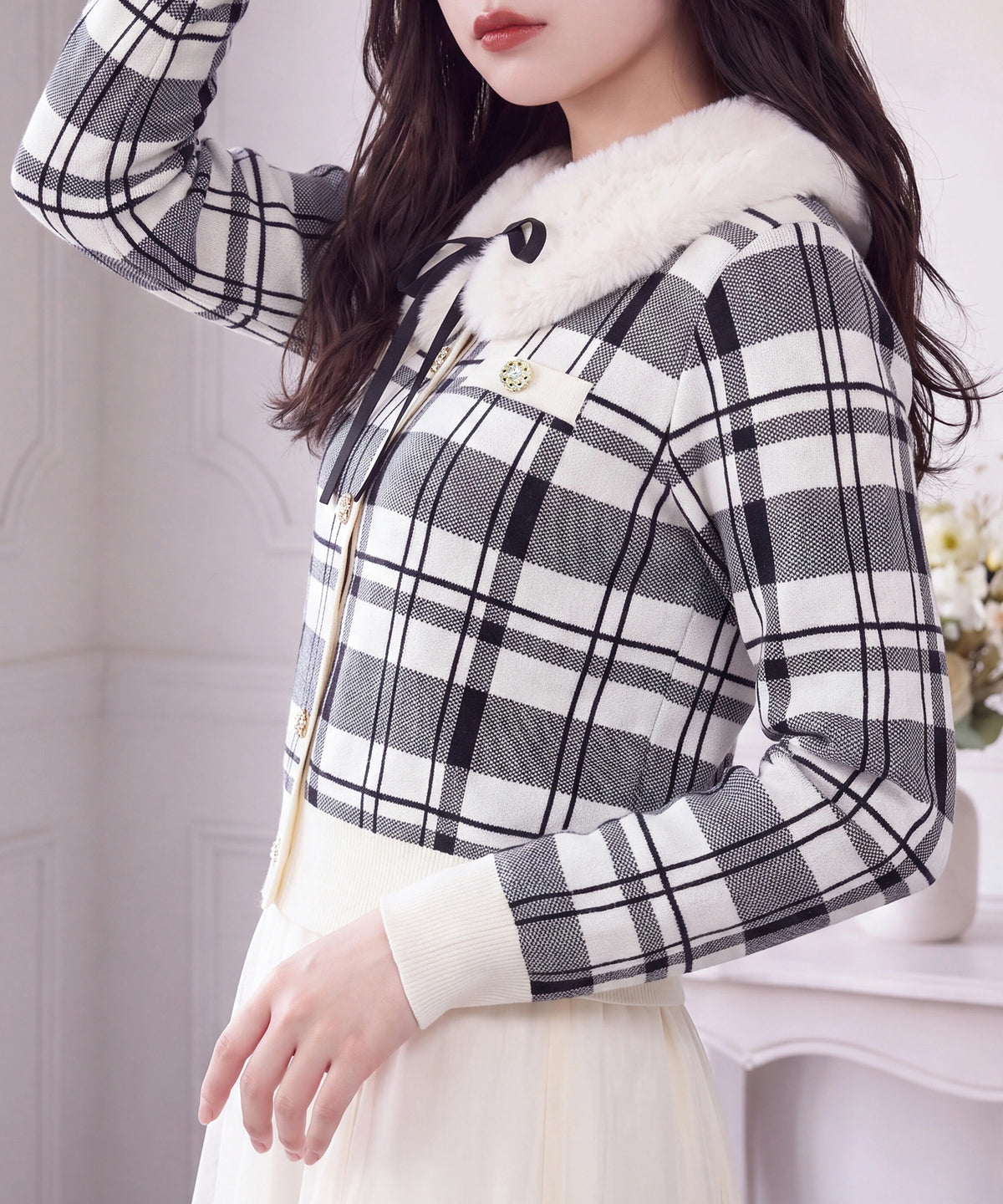 【NEW】(先行入荷)ファーティペット付きチェックジャガードカーディガン