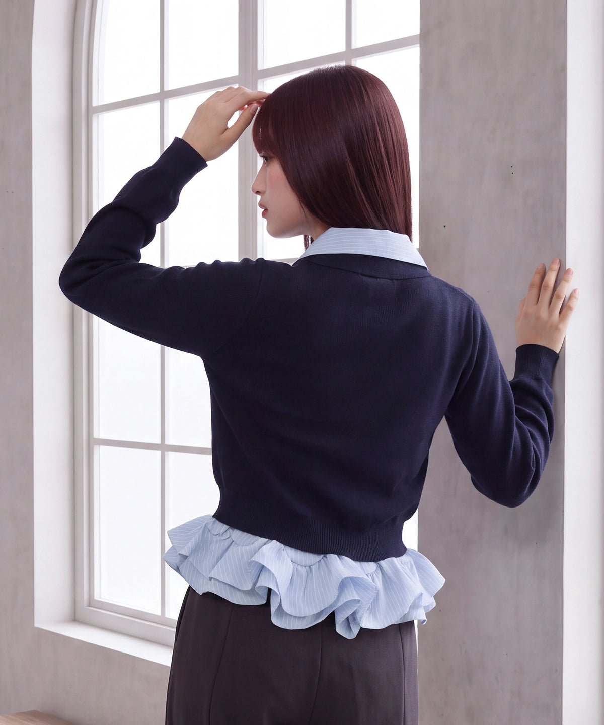 サックス(ストライプ) model:160cm 着用サイズ: M (AI画像)