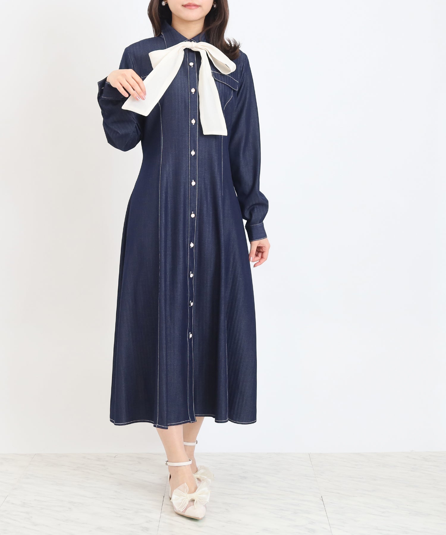 オンラインショップ先行入荷)配色リボンデニム風ワンピース