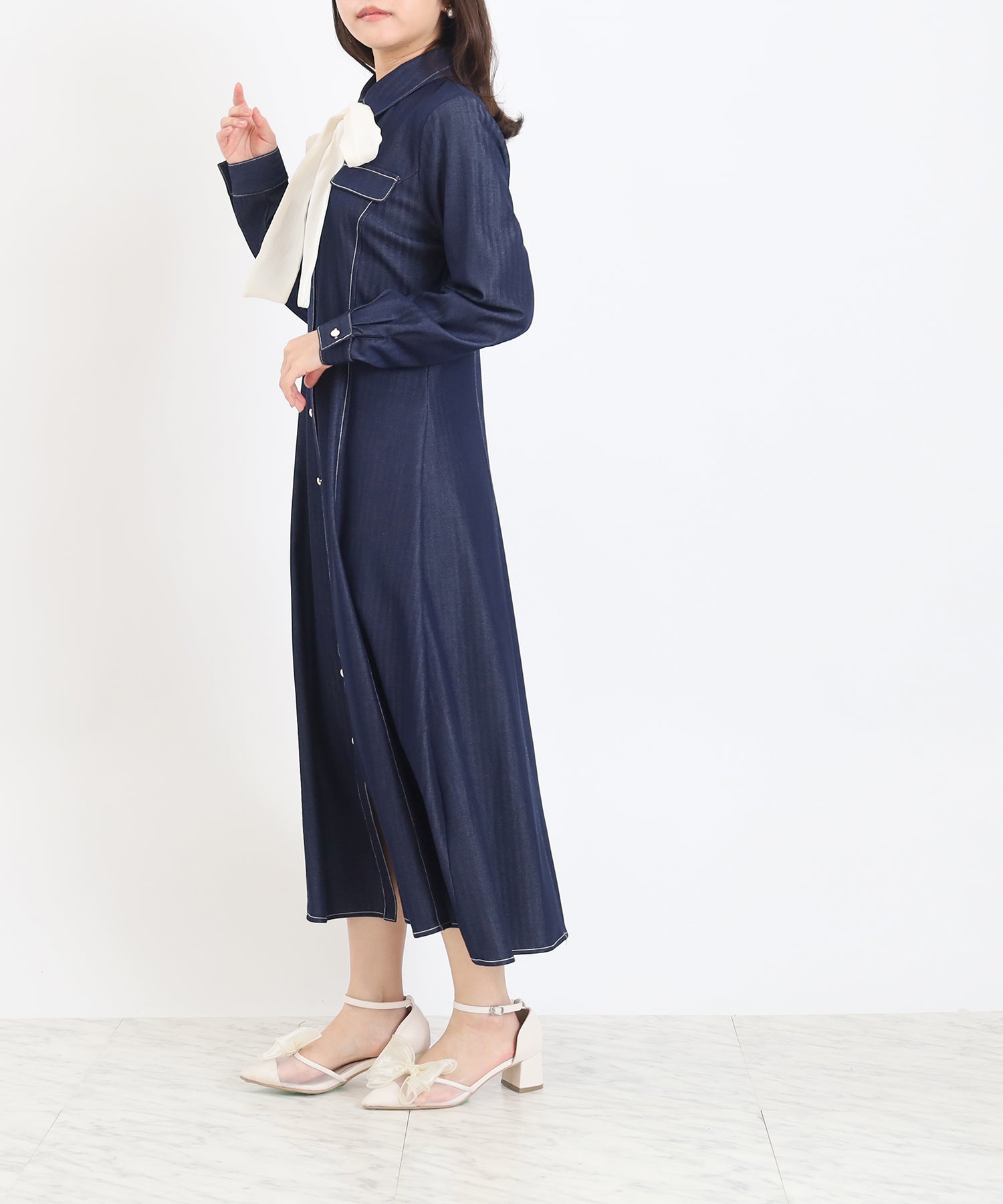 オンラインショップ先行入荷)配色リボンデニム風ワンピース