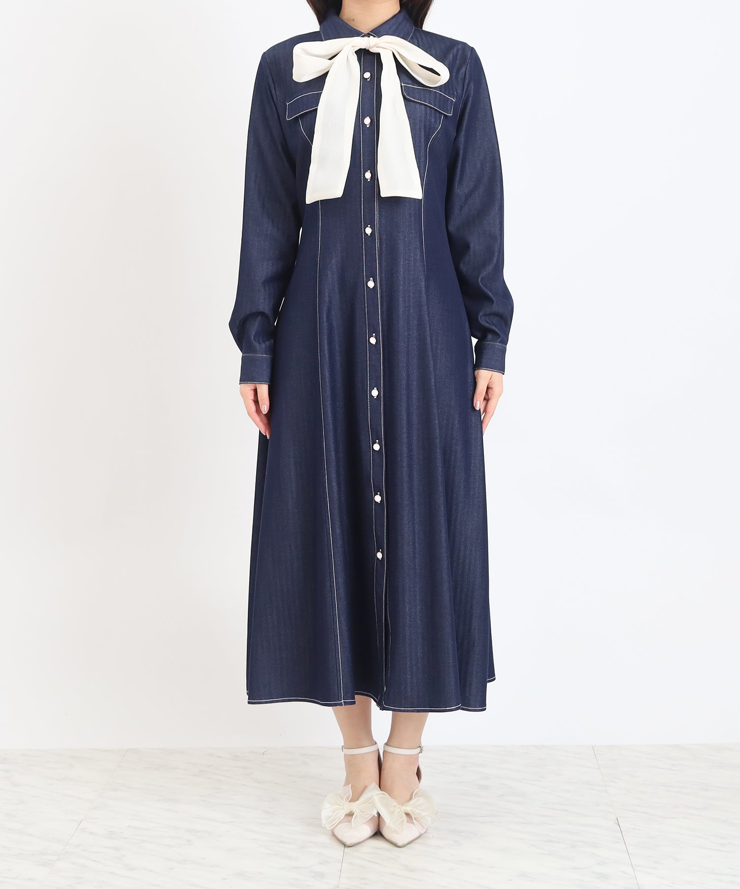 オンラインショップ先行入荷)配色リボンデニム風ワンピース