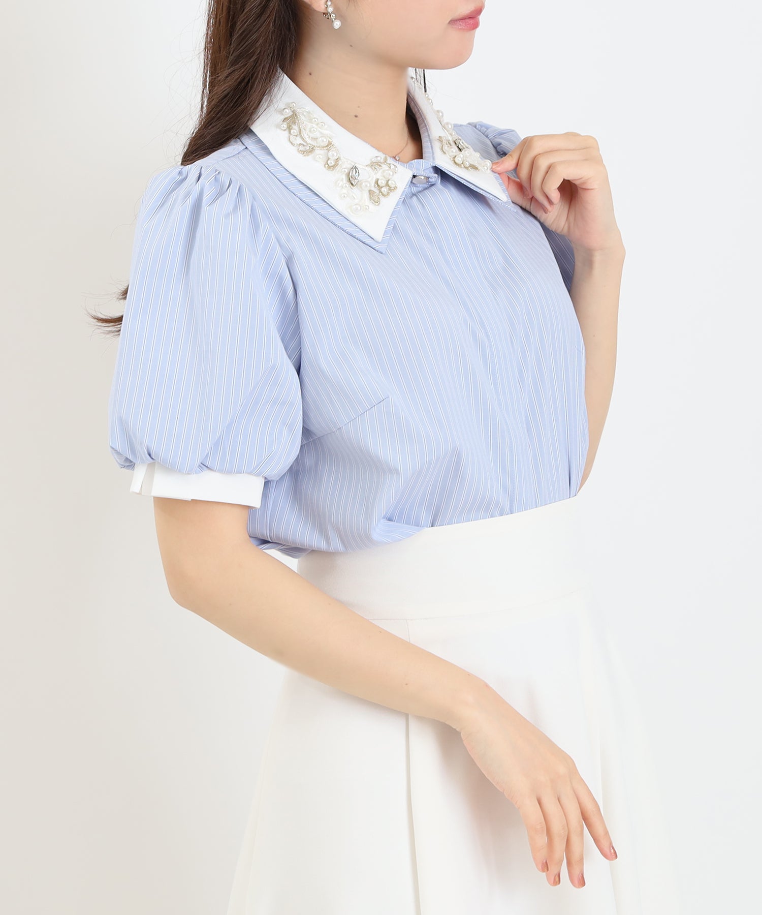 サックス(ストライプ)　model：156　着用サイズ：M