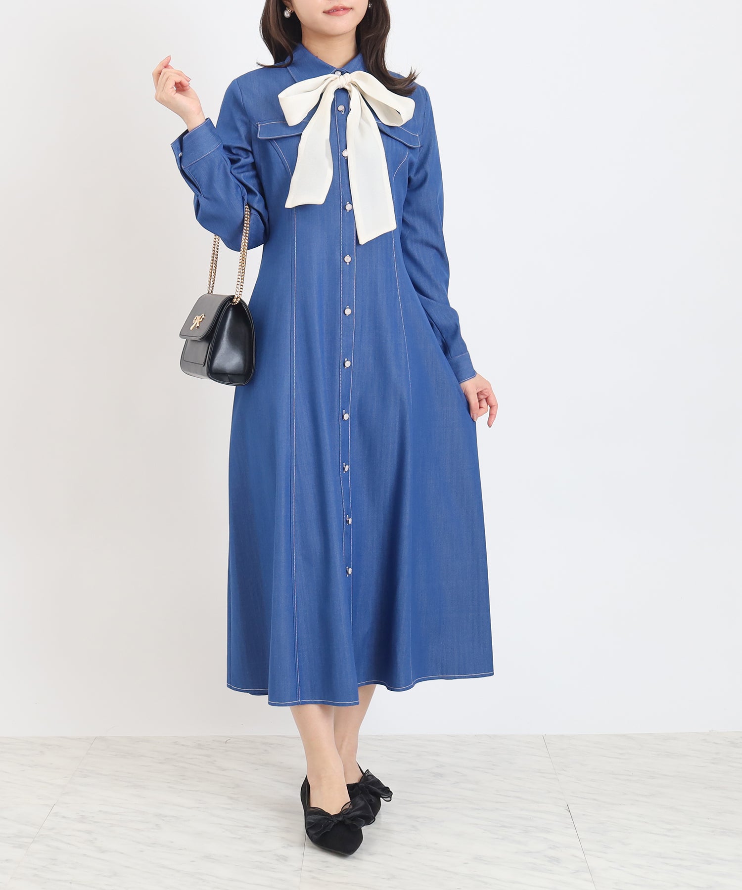 配色リボンデニム風ワンピース