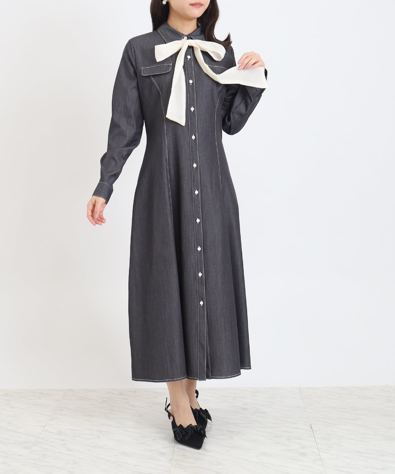 配色リボンデニム風ワンピース