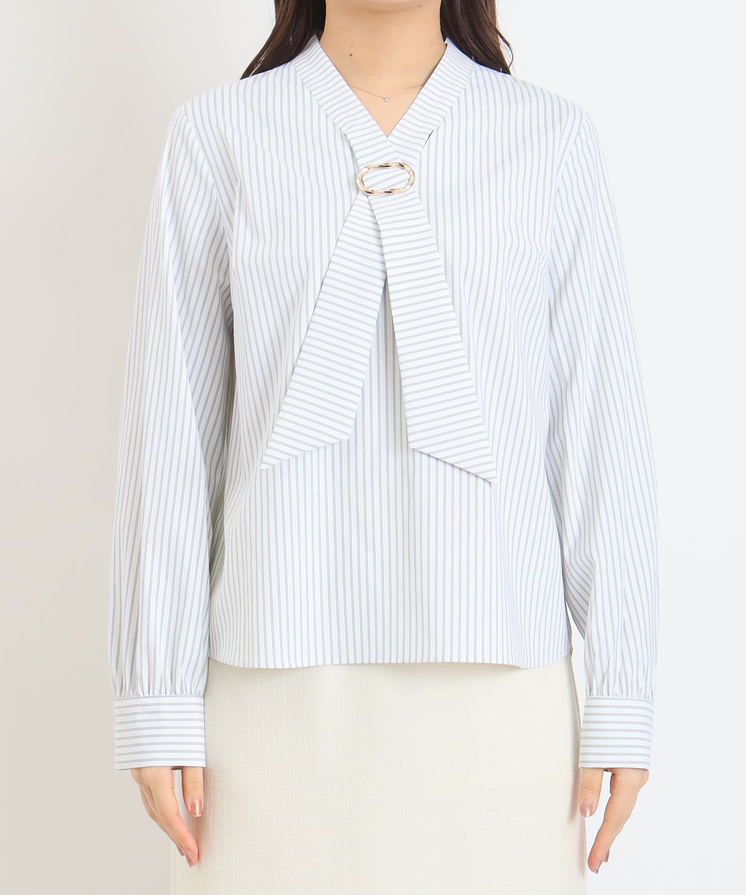 ストライプ金具ボウタイブラウス