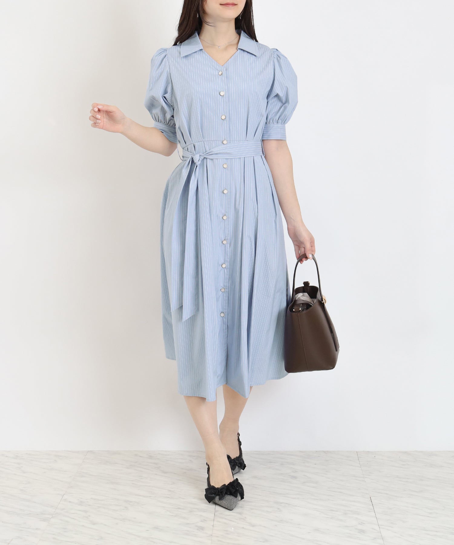 【美品】 アナイ ストライプ シャツ ワンピース ロング ベージュ 36 リボン ANAYI（アナイ） シャツワンピース ストライプドロストシャツ