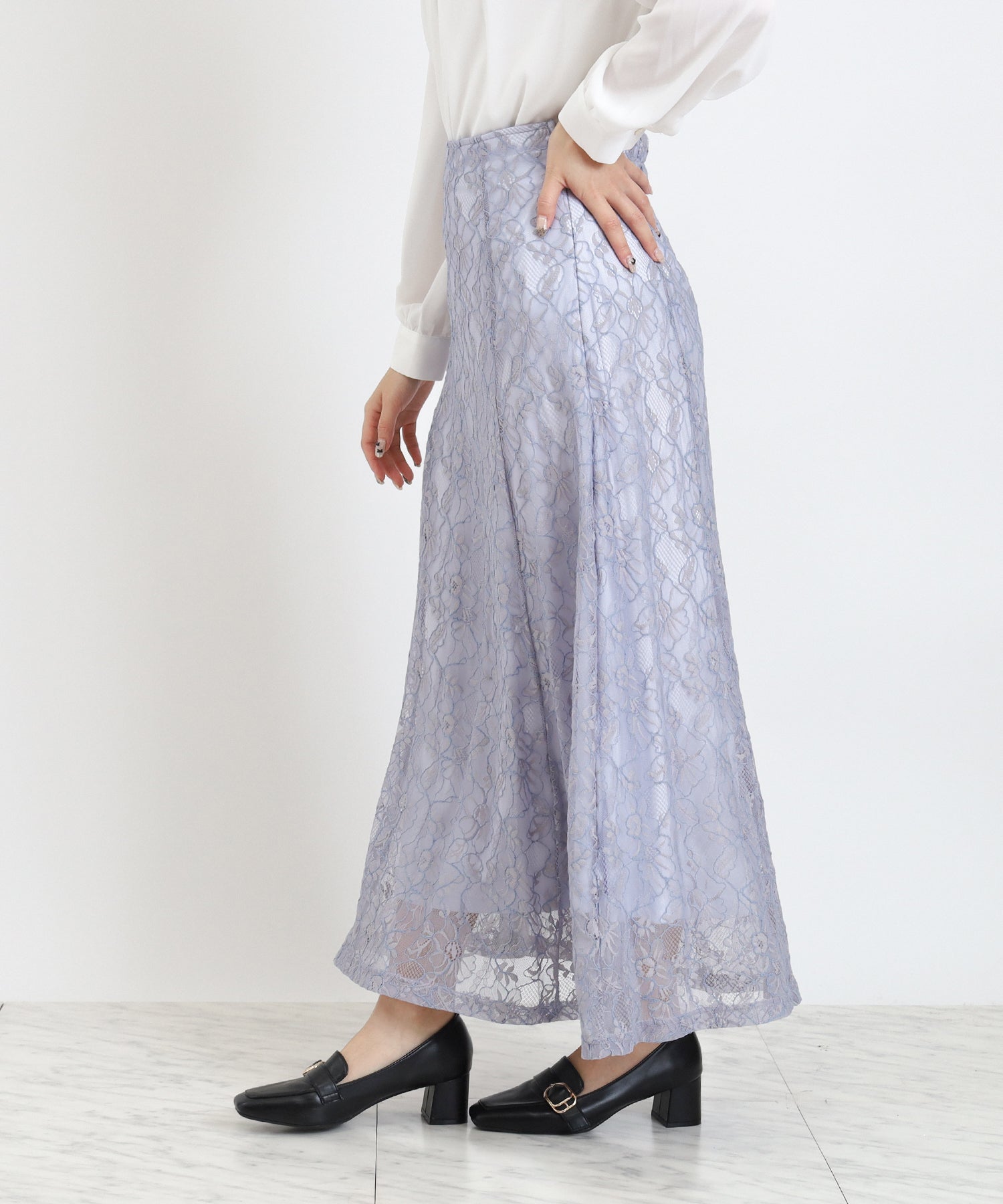ANDMARY グレー フレアスカート 裾レース付き こちらAさん専用です。 ジュエローブ Jewelobe チュールレースロングフレアスカート （グレー