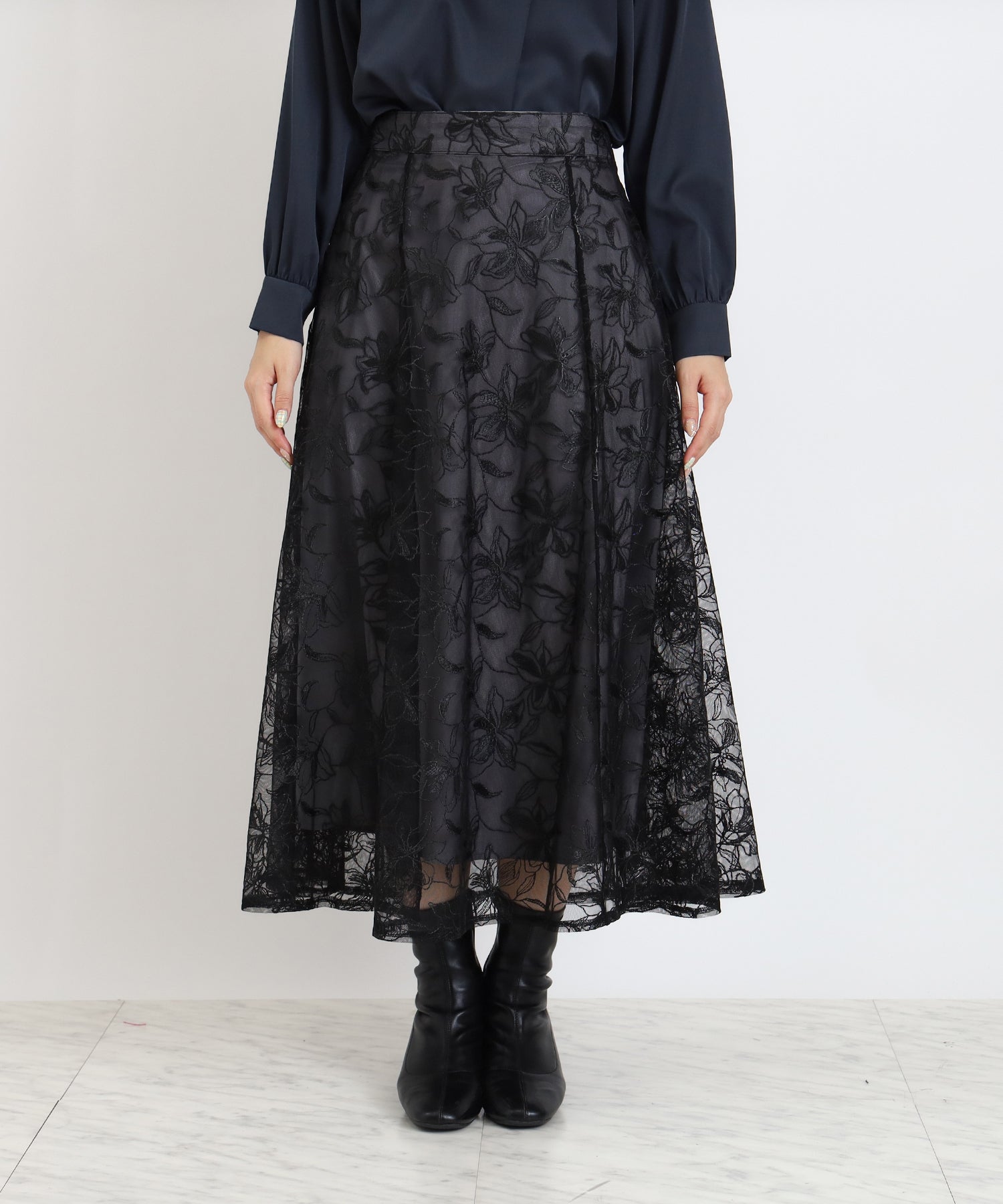 フラワー刺繍レースフレアスカート