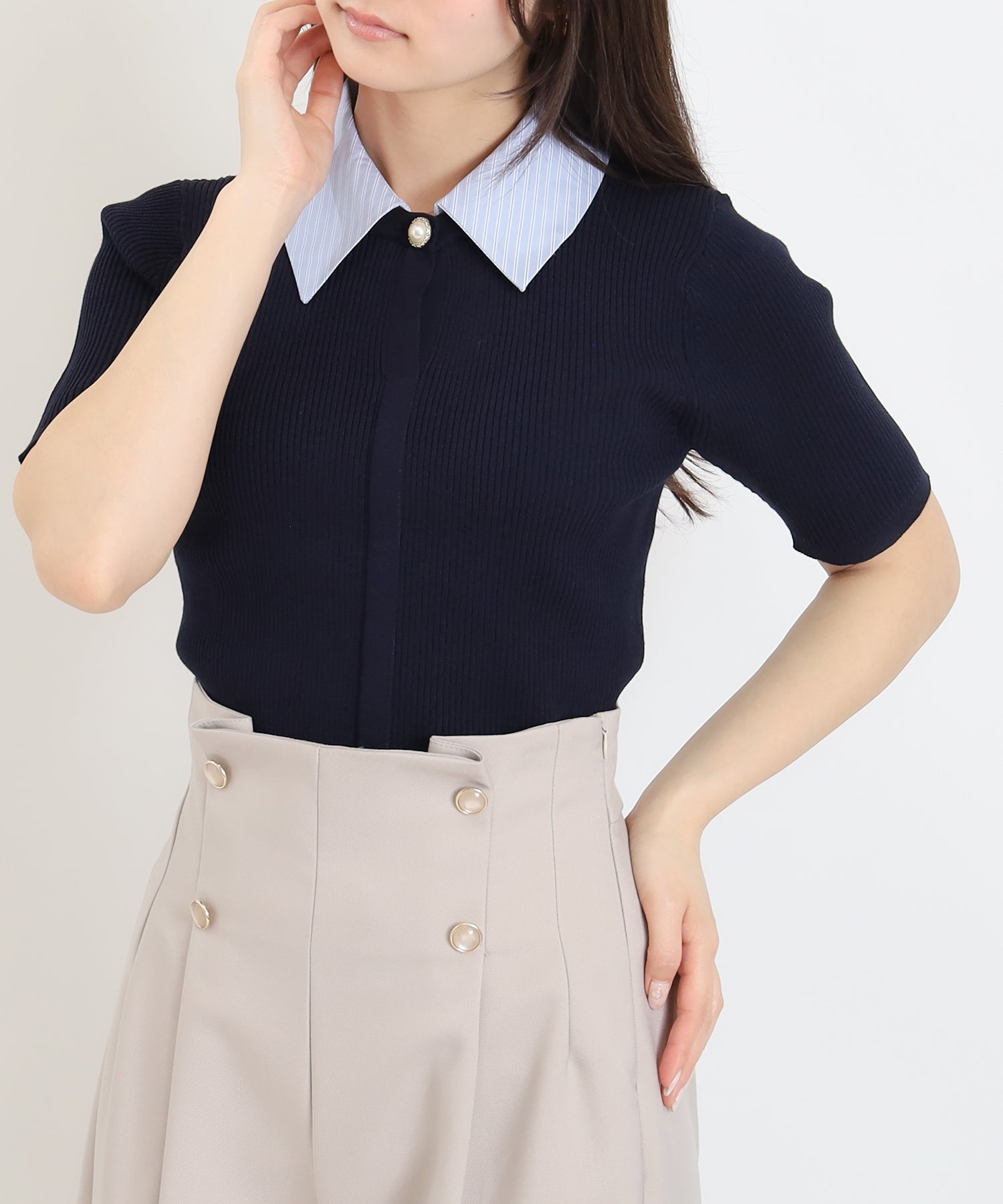 ネイビー×サックス(襟：ストライプ)ボウタイなし