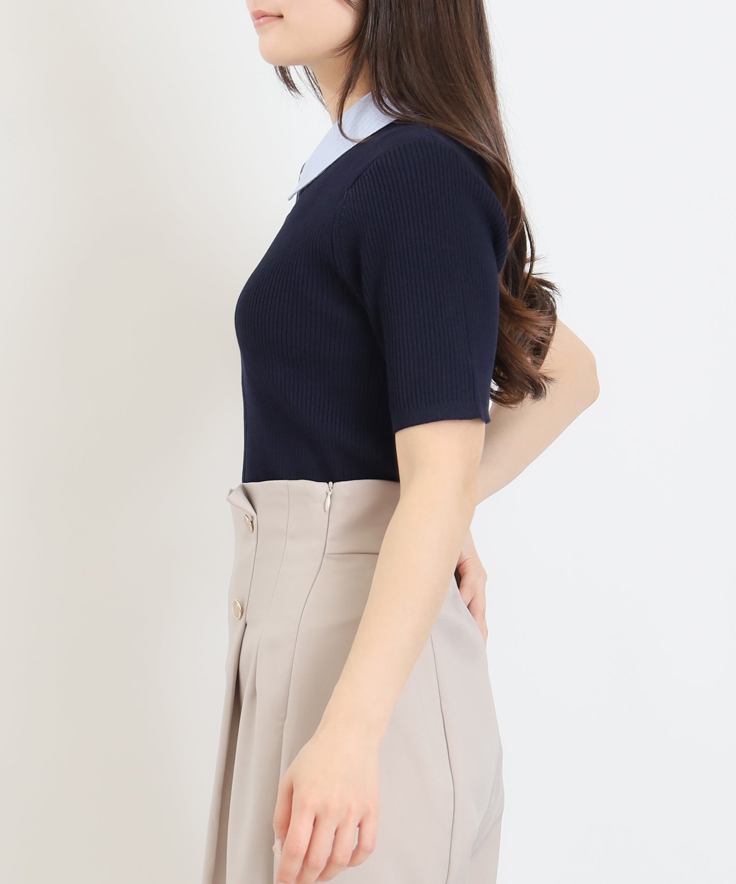 ネイビー×サックス(襟ストライプ)　model：160　着用サイズ：M　