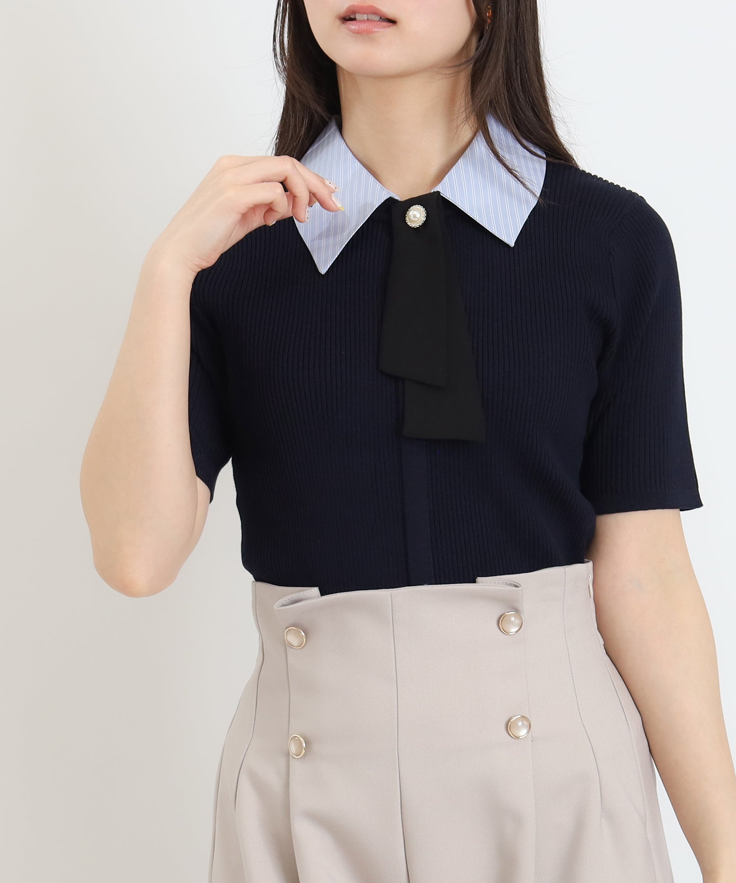 ネイビー×サックス(襟ストライプ)　model：160　着用サイズ：M　