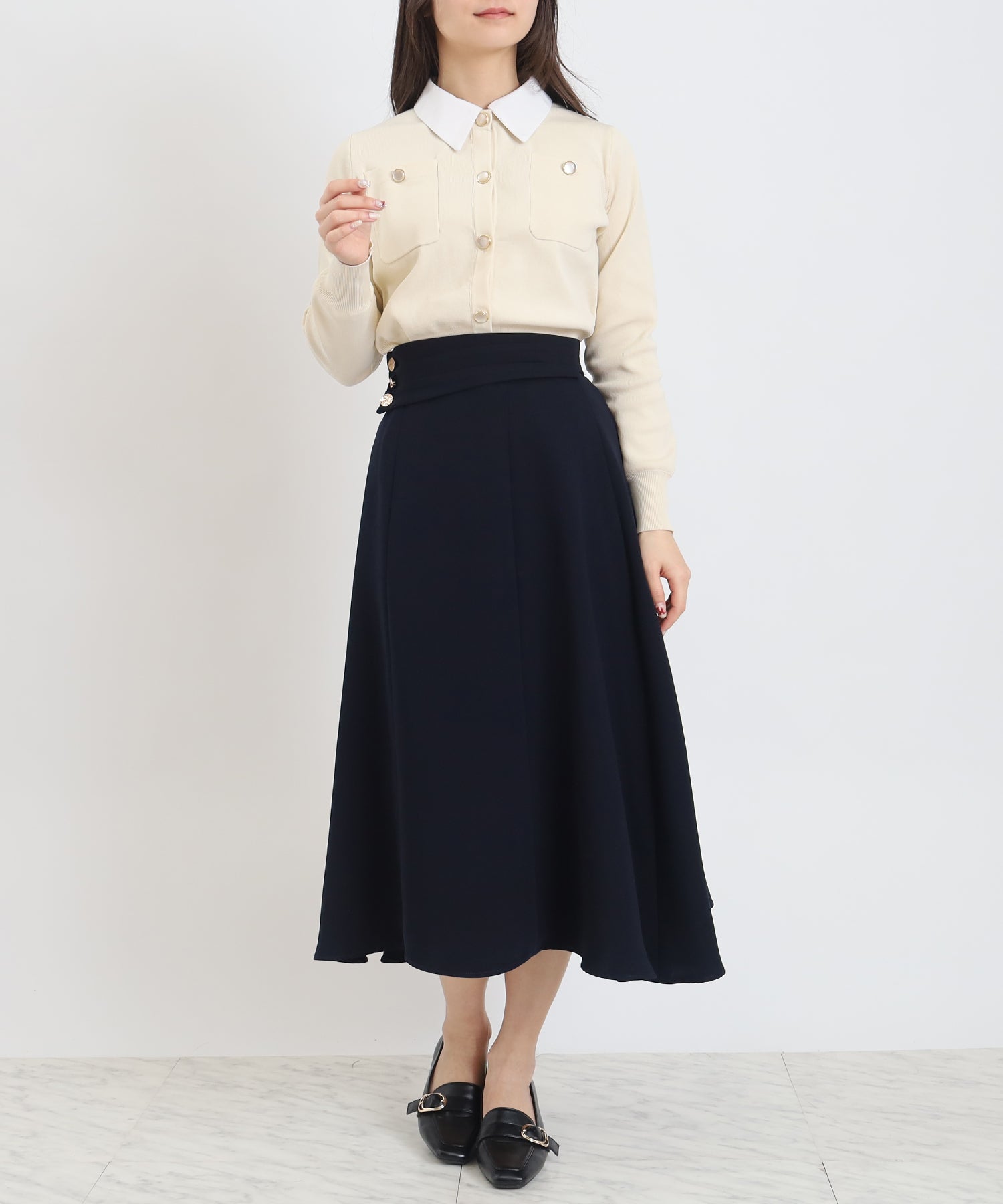 CHANEL38フレアスカート ブラックホワイト リボン付き CHANEL38