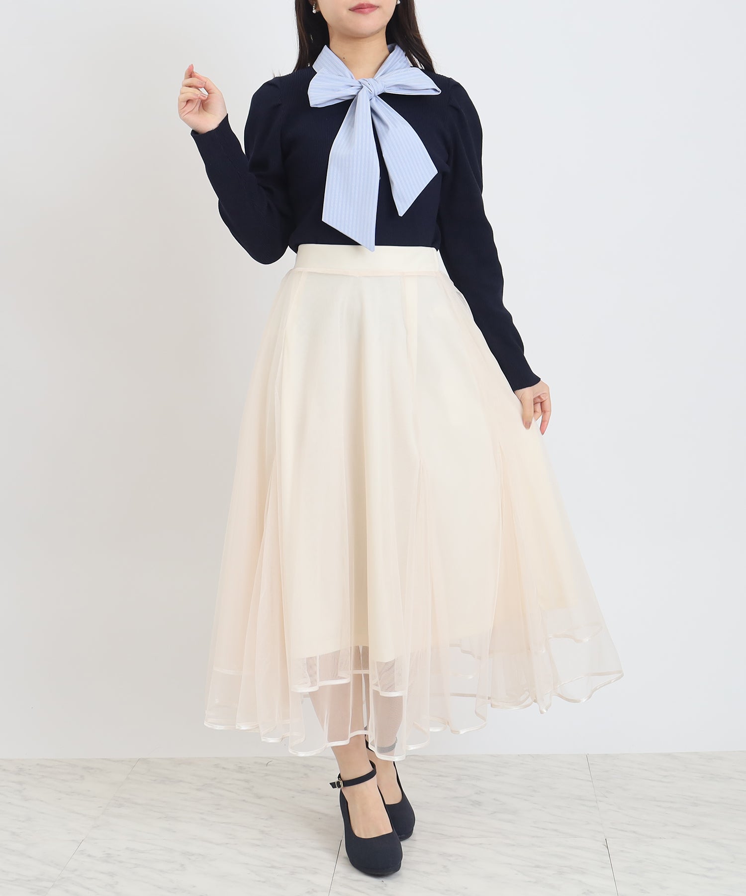 ネイビー×ストライプ　model:156cm  着用サイズ：M