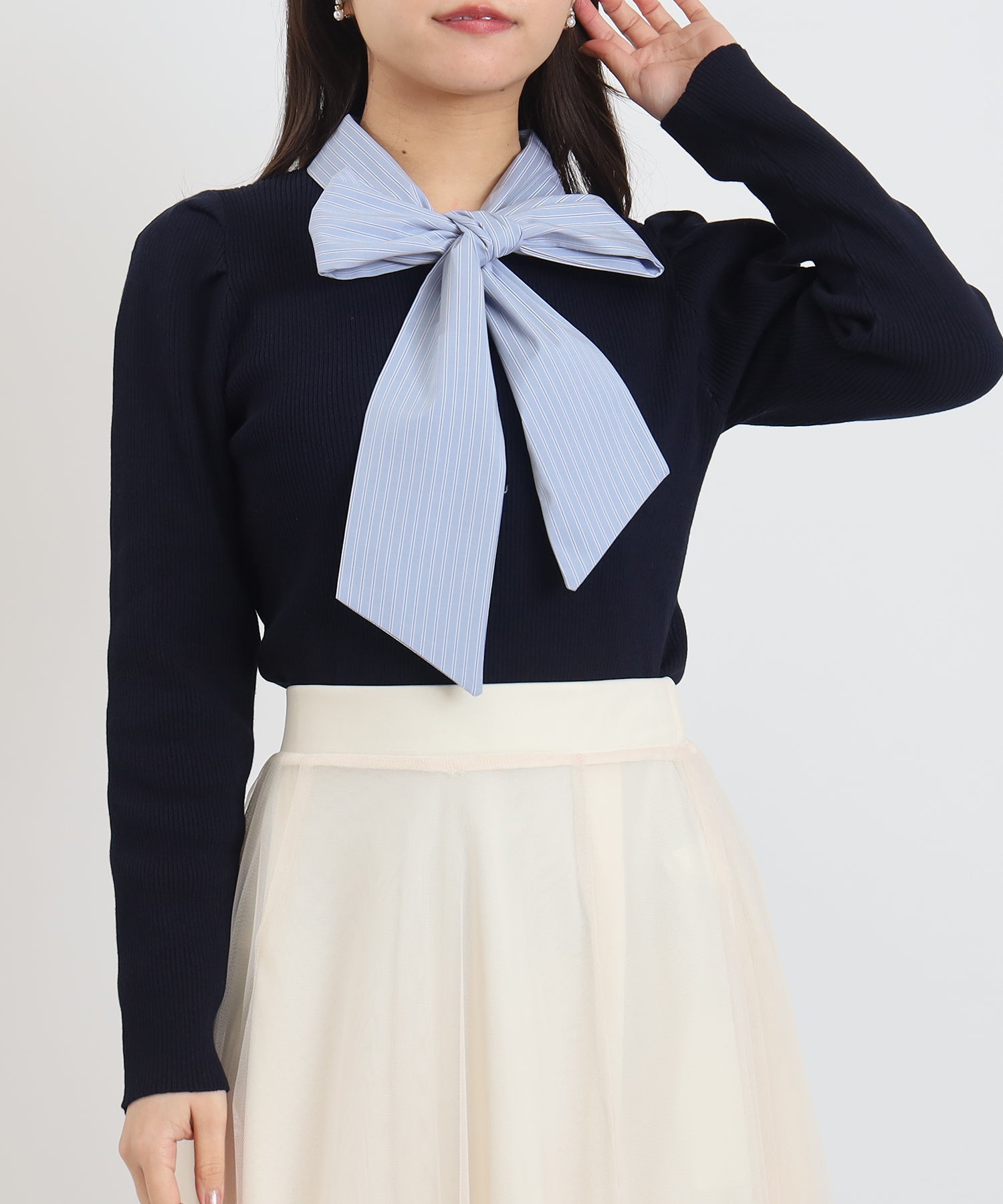 ネイビー×ストライプ　model:156cm  着用サイズ：M