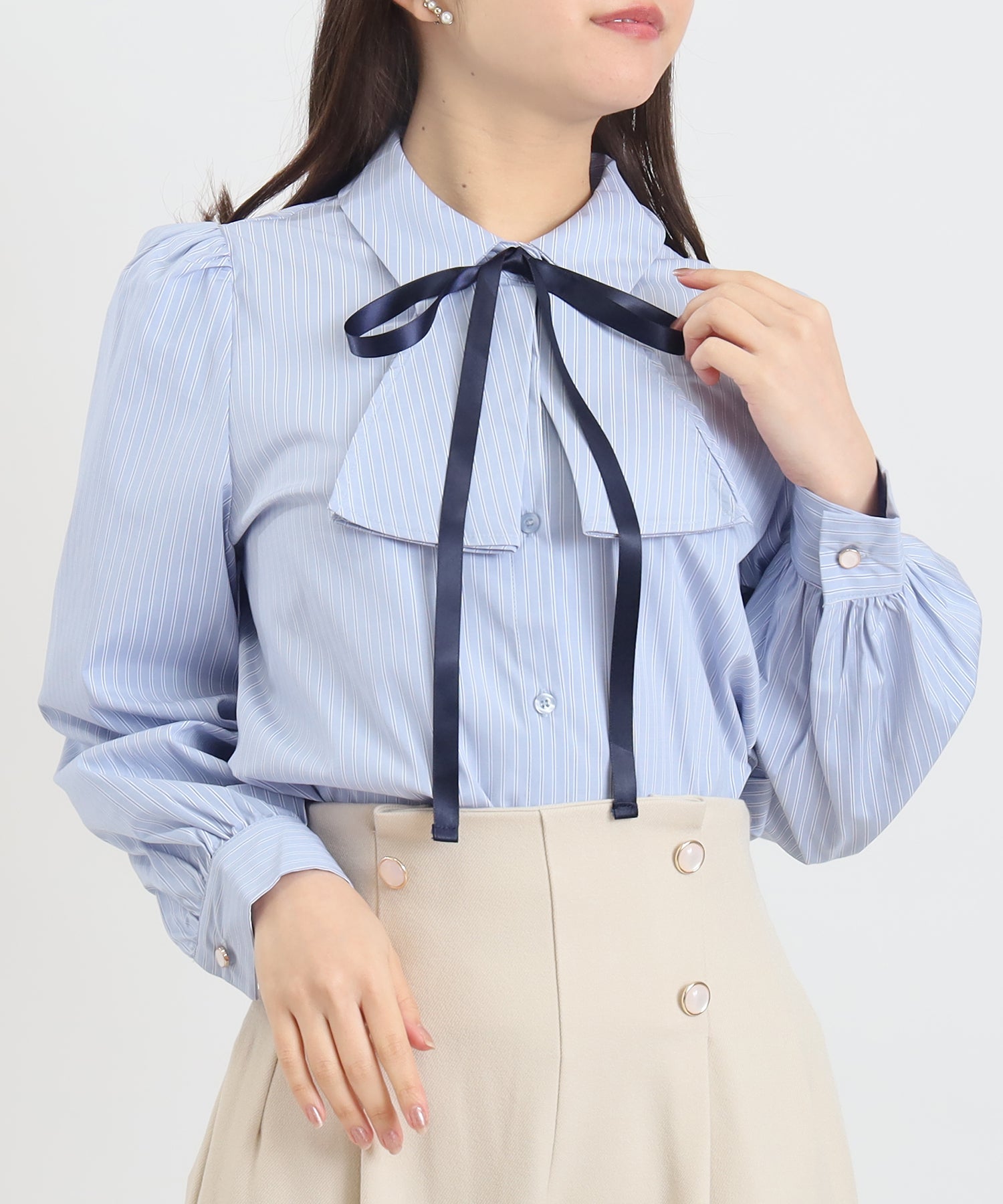 サックス×ストライプ　model：156　着用サイズ：S